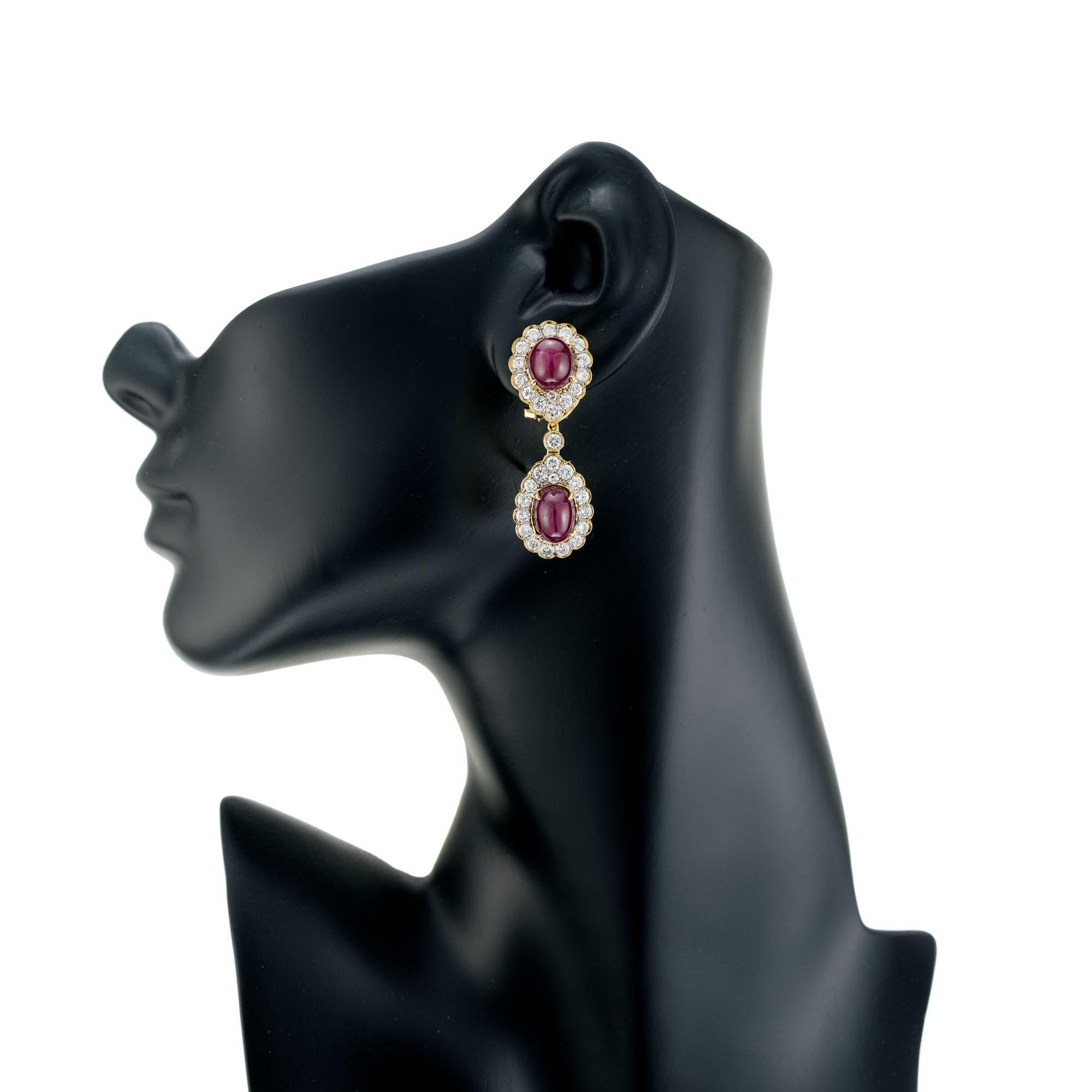 Women's GIA Certified 14.00 Carat Ruby Halo Diamond Yellow Gold Dangle Earrings For Sale