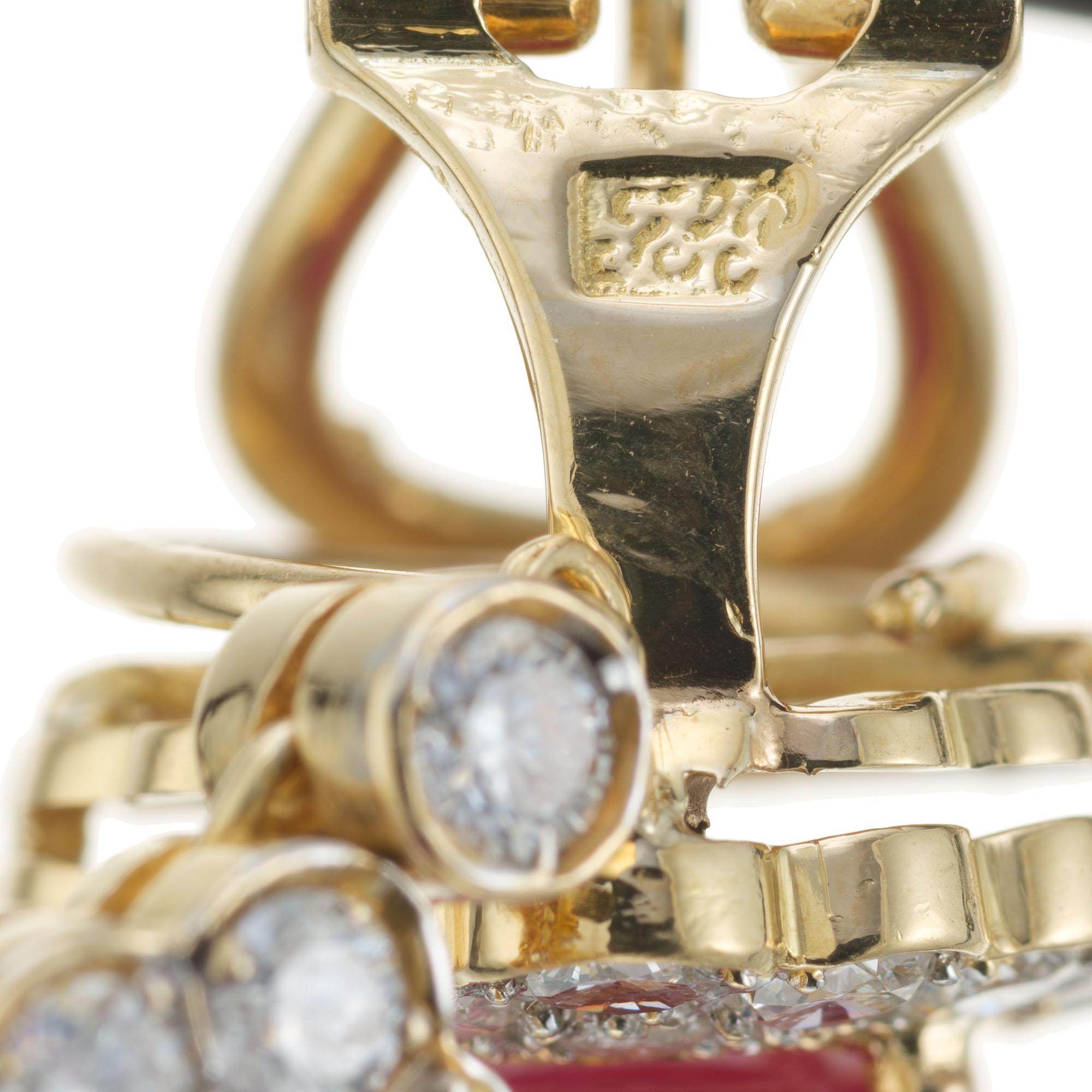 GIA Certified 14.00 Carat Ruby Halo Diamond Yellow Gold Dangle Earrings For Sale 1