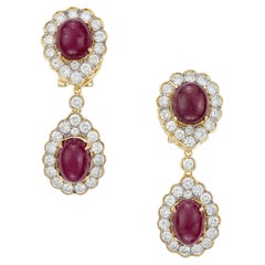 Vintage GIA Certified 14.00 Carat Ruby Halo Diamond Yellow Gold Dangle Earrings