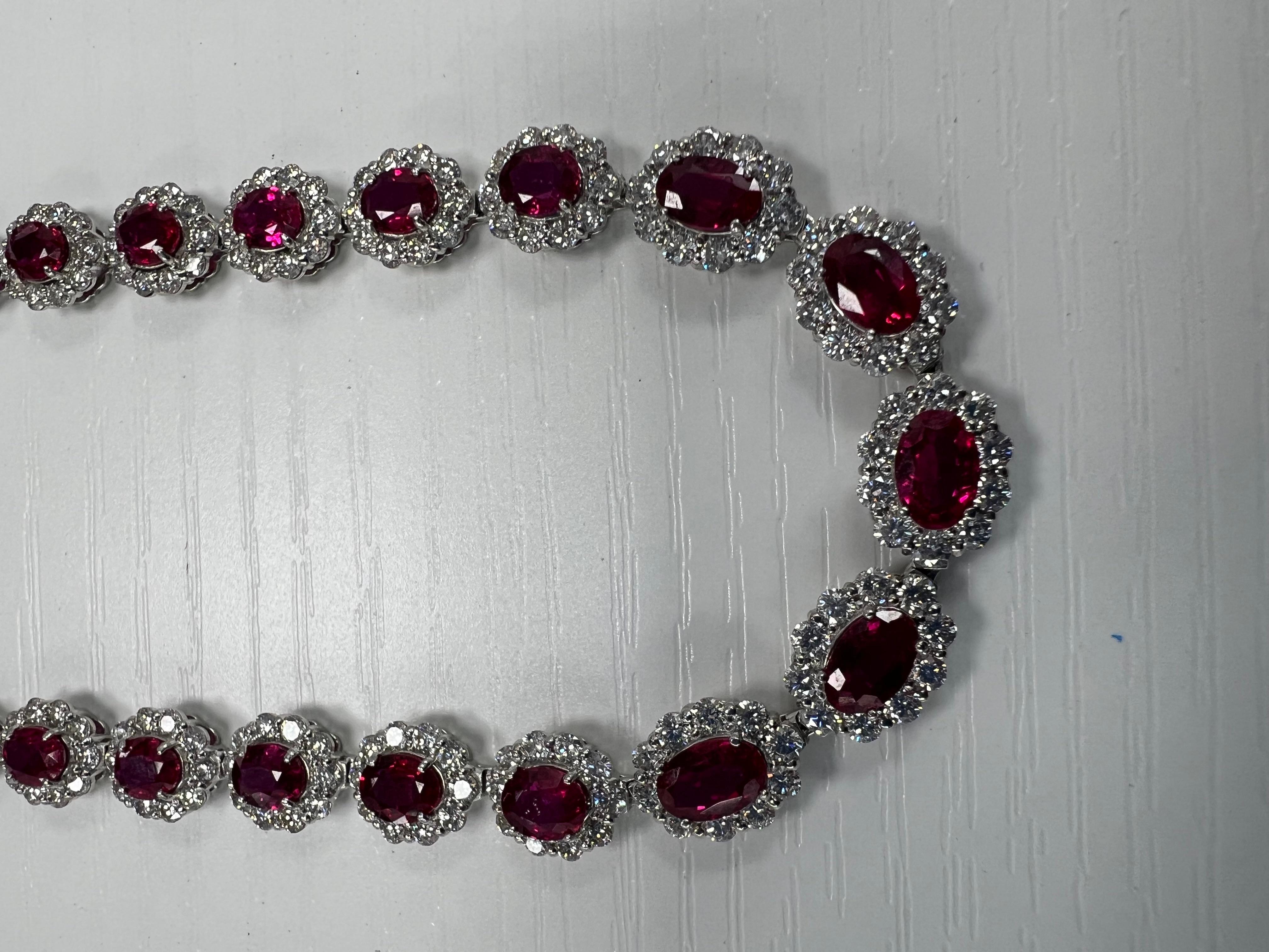 Oval Cut GIA Certified 14.02 carat No Heat Mozambique Ruby and Diamond Graduated Necklace