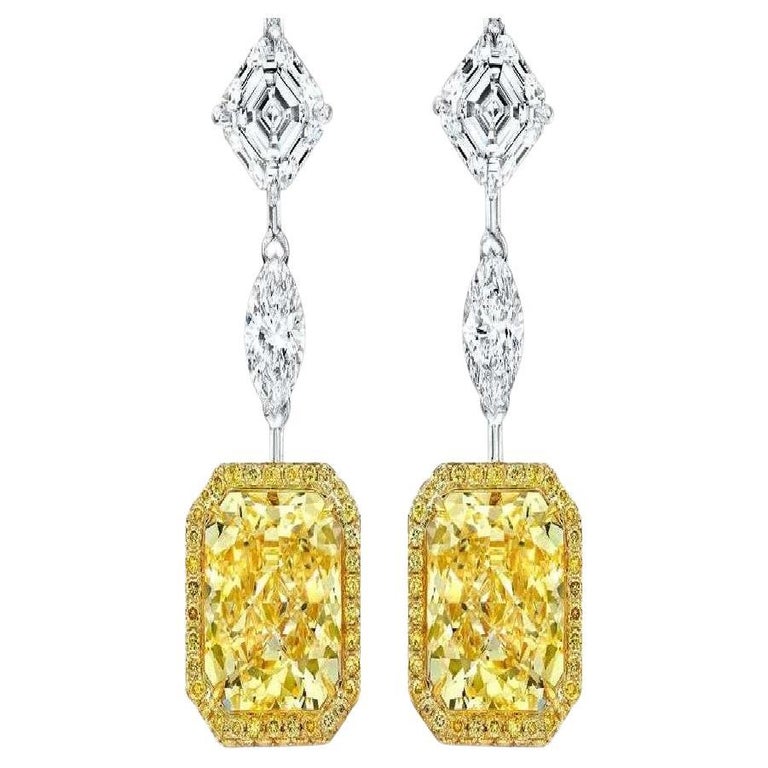 GIA Certified 14.03 Carat Yellow and White Diamond Drop Earrings For