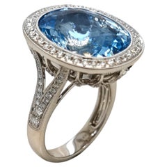 GIA Certified 14.08 Carat Aquamarine Round Diamond White Gold Ring