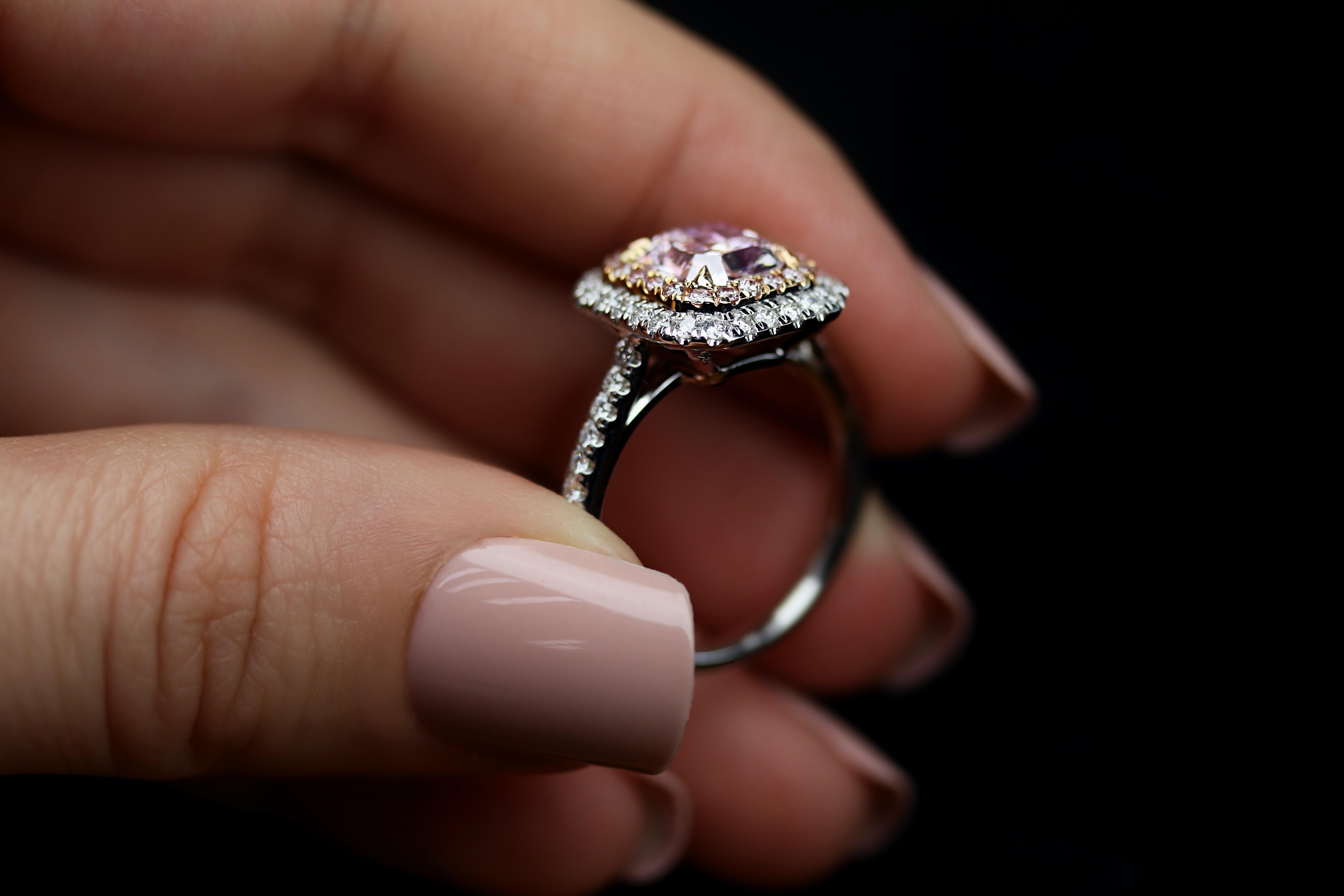 Women's GIA Certified 1.40 Carat Cushion Cut Fancy Intense Purplish Pink Diamond Ring