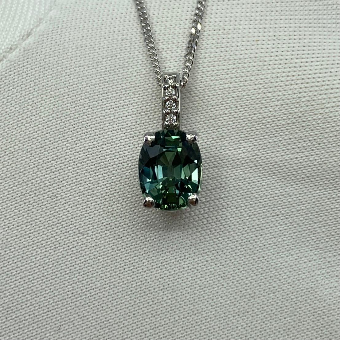 Oval Cut GIA Certified 1.40ct Untreated Teal Green Blue Sapphire Diamond Platinum Pendant