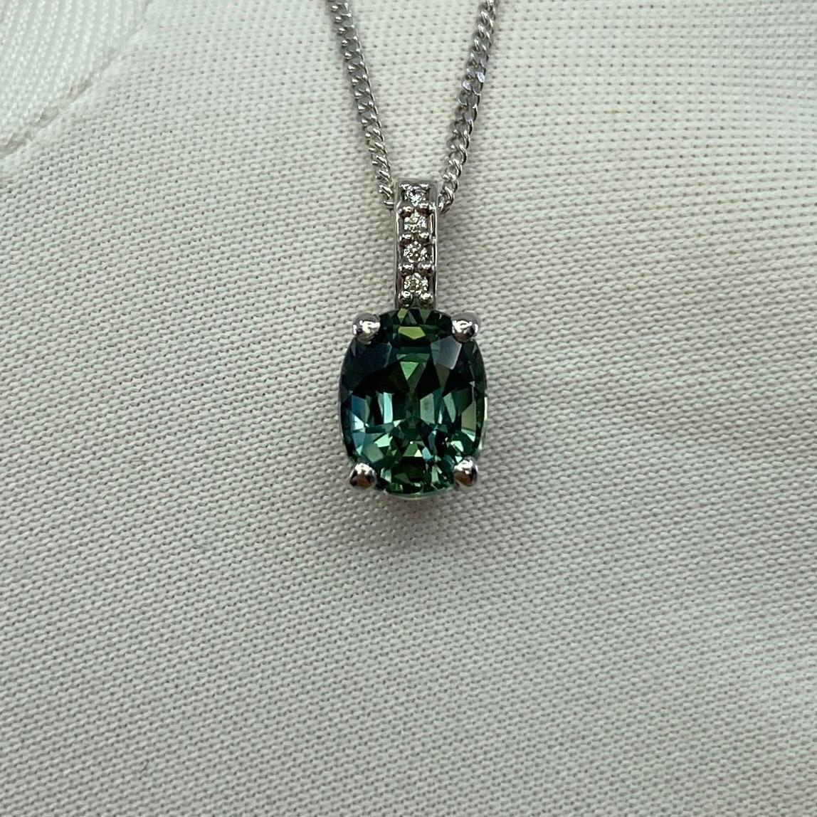 Women's or Men's GIA Certified 1.40ct Untreated Teal Green Blue Sapphire Diamond Platinum Pendant