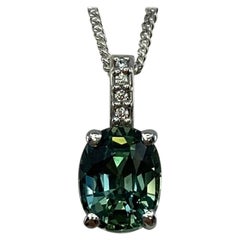 GIA Certified 1.40ct Untreated Teal Green Blue Sapphire Diamond Platinum Pendant