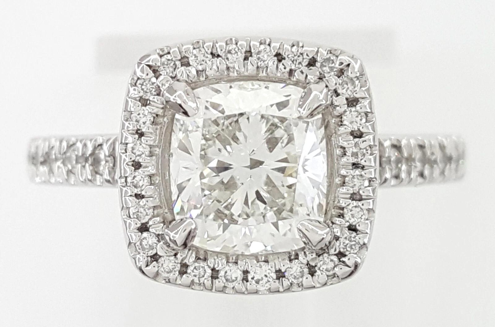 Women's GIA Certified 1.41 Carat Cushion Cut Diamond Halo Engagement Platinum Ring For Sale