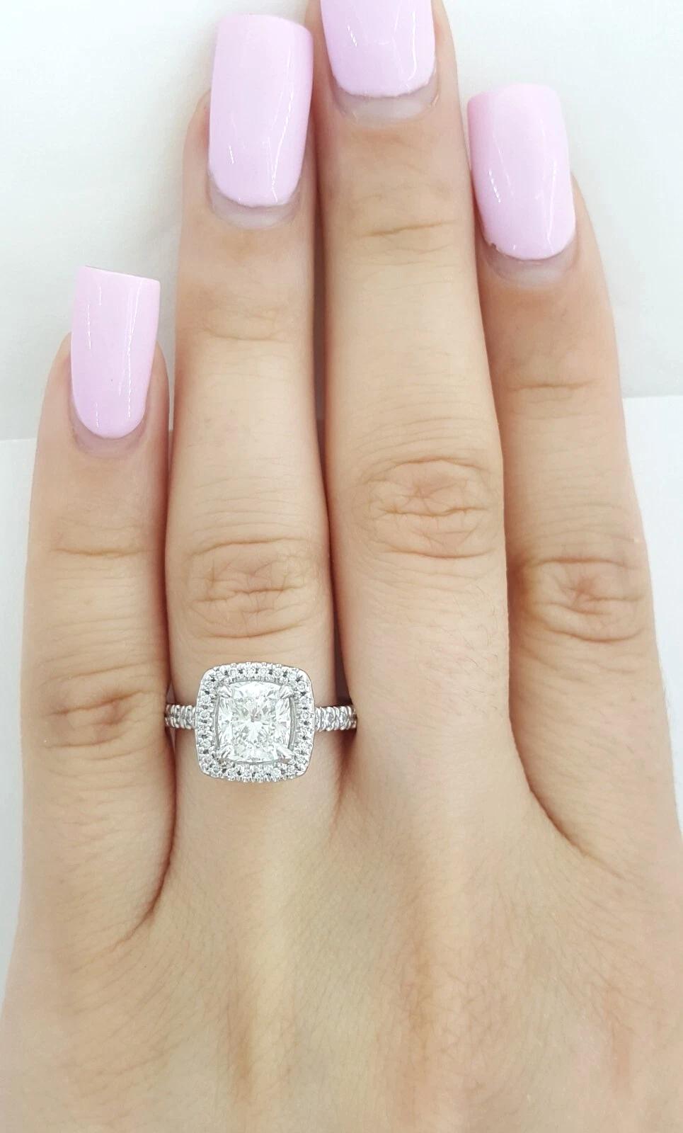 GIA Certified 1.41 Carat Cushion Cut Diamond Halo Engagement Platinum Ring For Sale 1