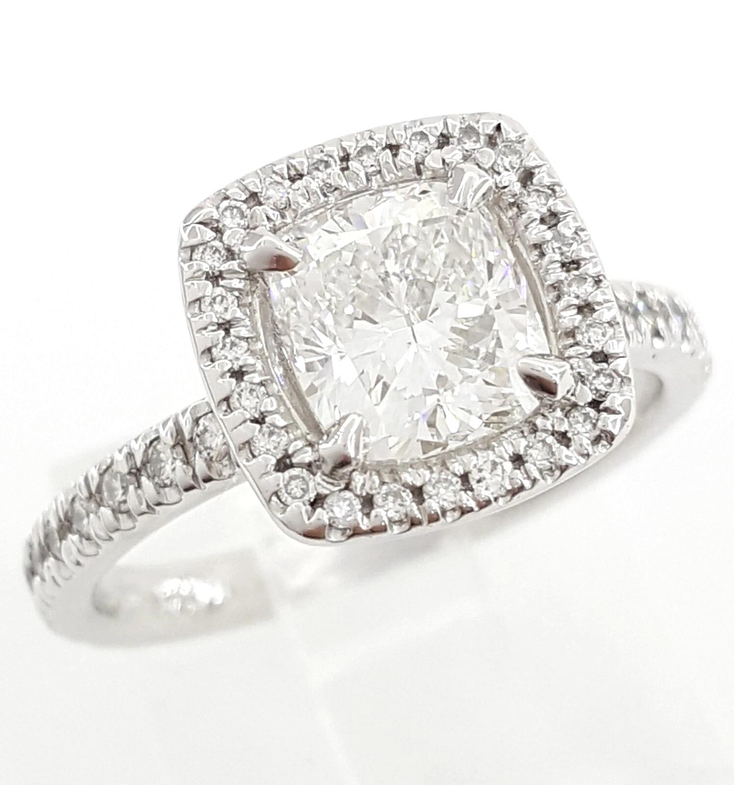 GIA Certified 1.41 Carat Cushion Cut Diamond Halo Engagement Platinum Ring For Sale 2