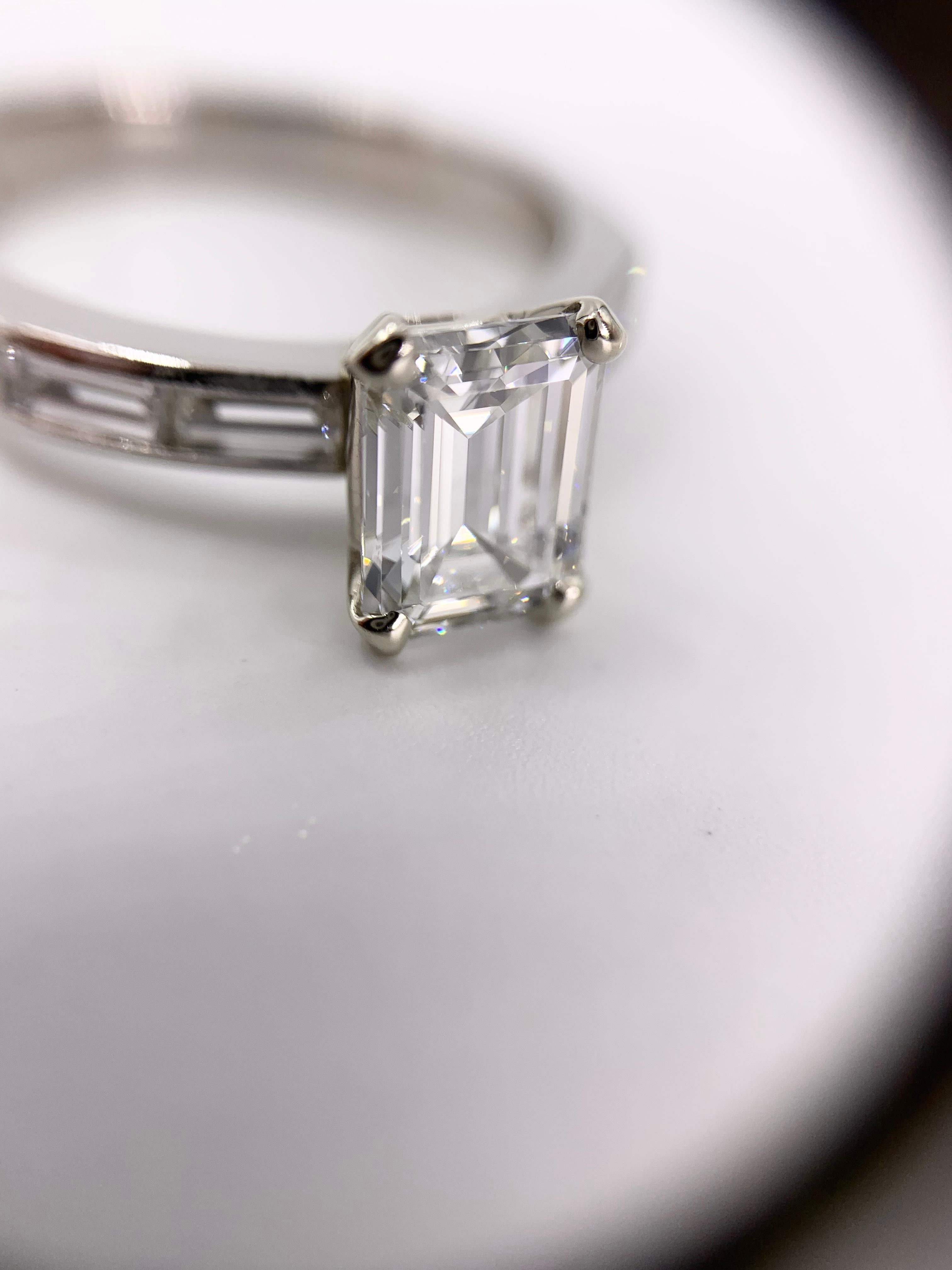 GIA Certified 1.41 Carat Emerald Cut Diamond Platinum Engagement Ring 6