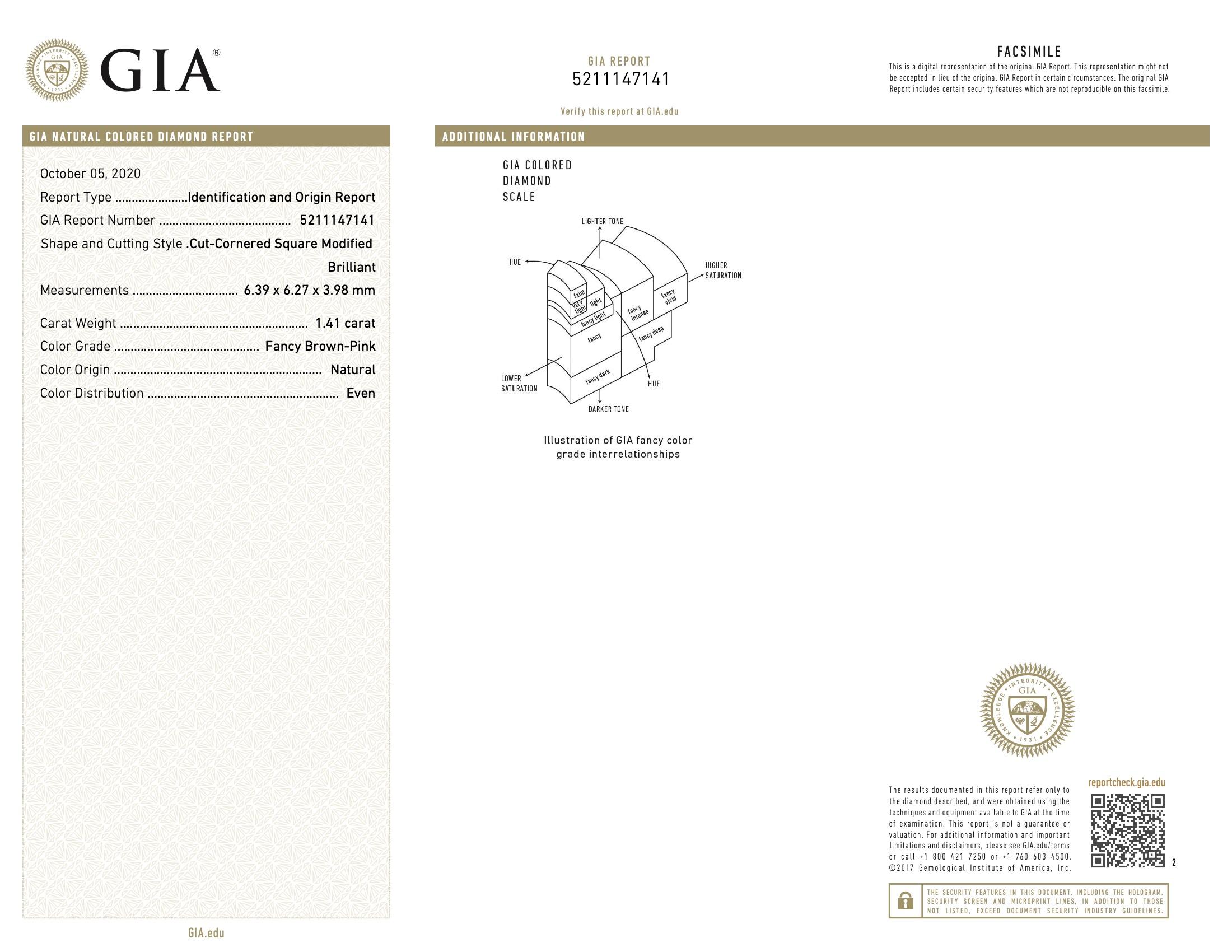 GIA Certified 1.41 Carat Fancy Brown Pink I2 Clarity Diamond en vente 1