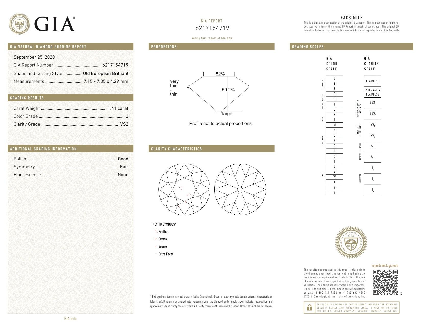 GIA Certified 1.41 Carat Old European Brilliant Diamond Platinum Engagement Ring 4
