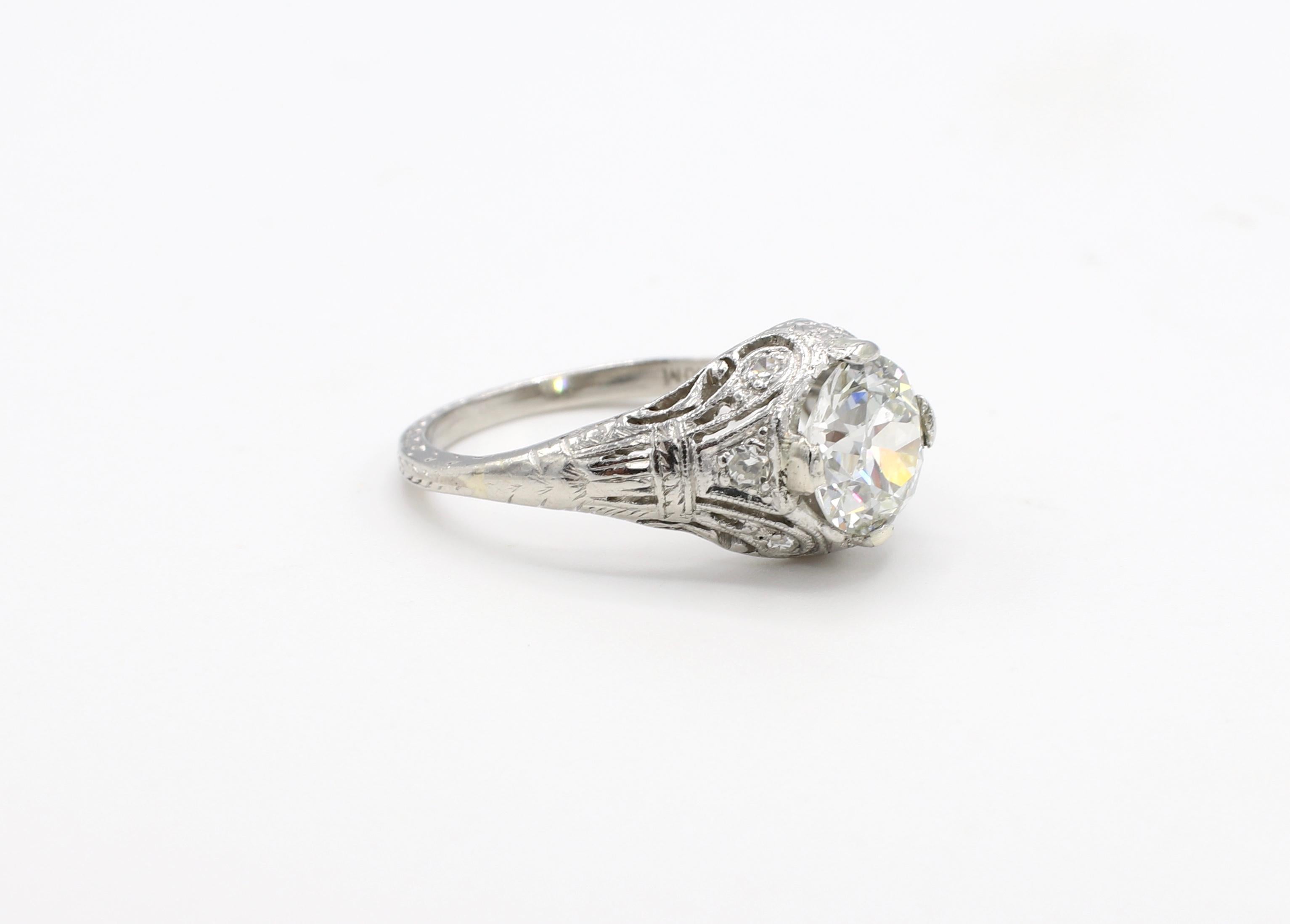 GIA Certified 1.41 Carat Old European Brilliant Diamond Platinum Engagement Ring Size 5

GIA report number: 6217154719 (please note original report pictured for details) 
Carat weight: 1.41 carat
Color: J
Clarity: VS2

Metal: Platinum
Weight: 4.10
