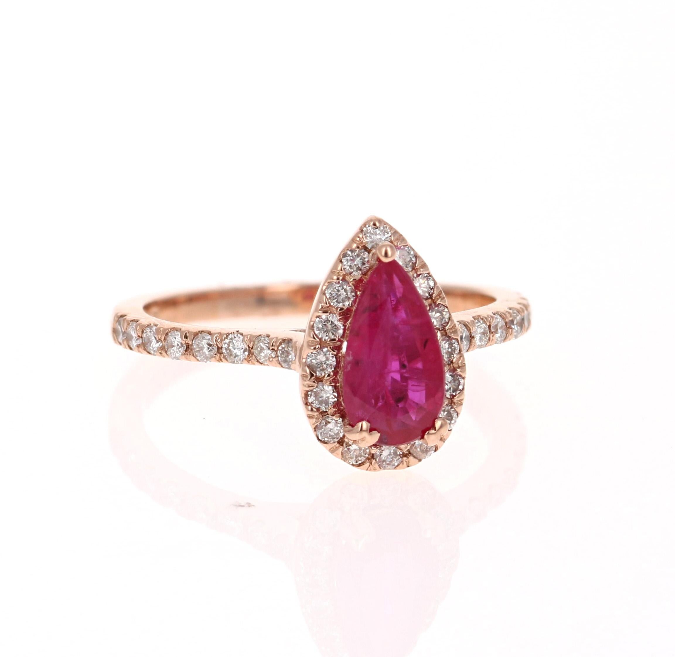 GIA Certified 1.41 Carat Ruby Diamond 14 Karat Rose Gold Bridal Ring

This ring is truly a beauty and can easily be transformed into a unique engagement or bridal ring!
There is a GIA Certified Pear Cut Ruby set in the center of the ring that weighs