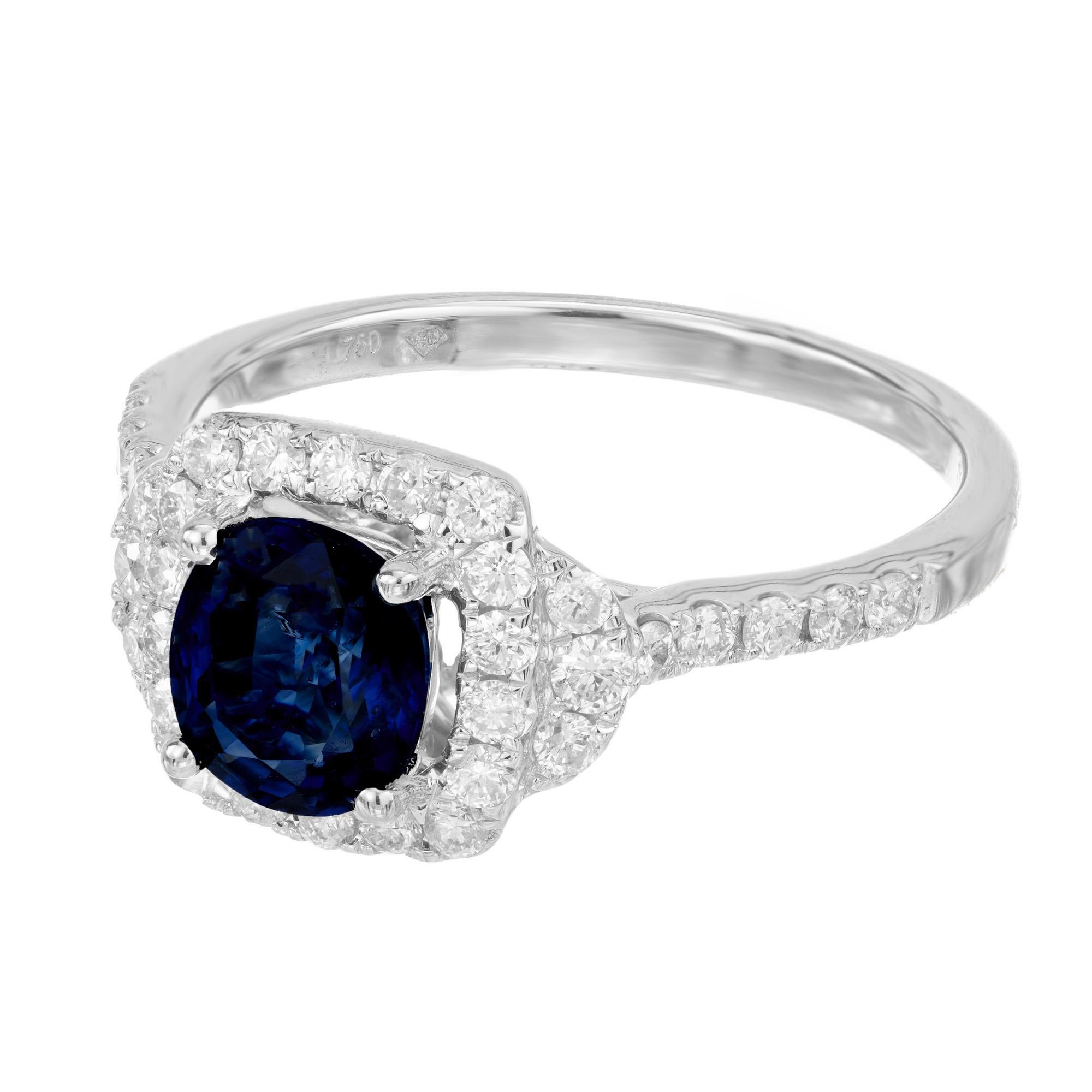 Cushion Cut GIA Certified 1.41 Carat Sapphire Diamond Halo Gold Engagement Ring For Sale
