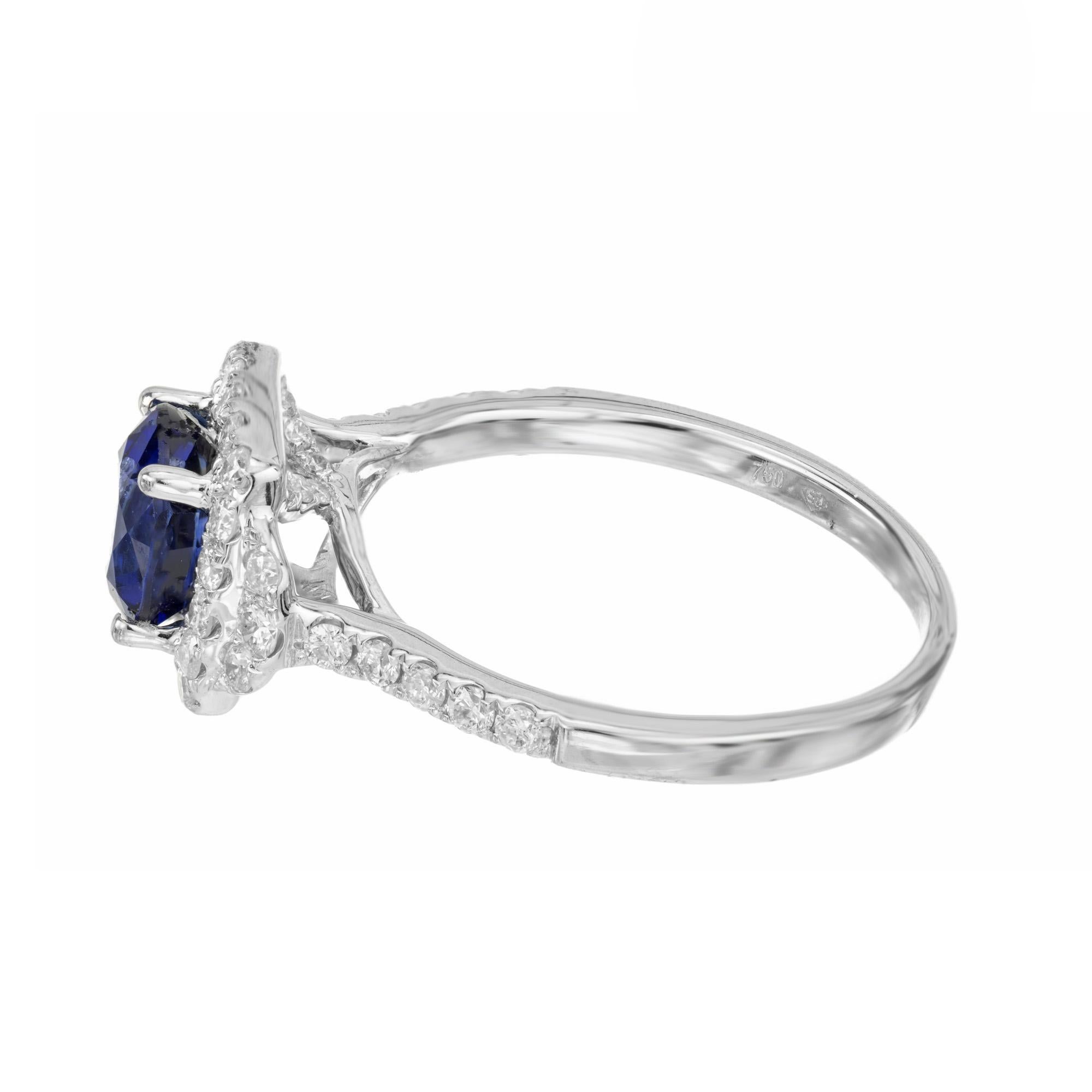 GIA Certified 1.41 Carat Sapphire Diamond Halo Gold Engagement Ring For Sale 1