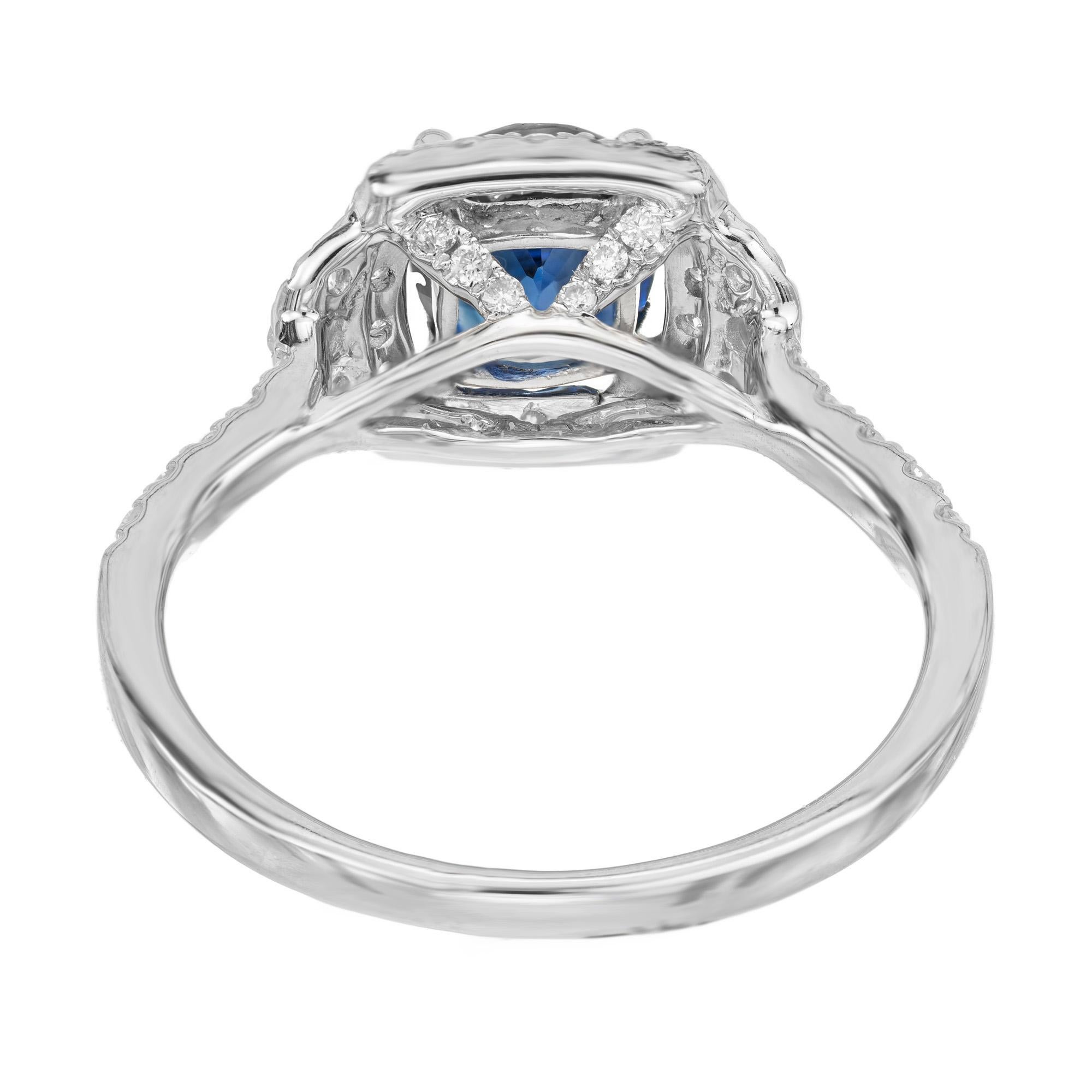 GIA Certified 1.41 Carat Sapphire Diamond Halo Gold Engagement Ring For Sale 2