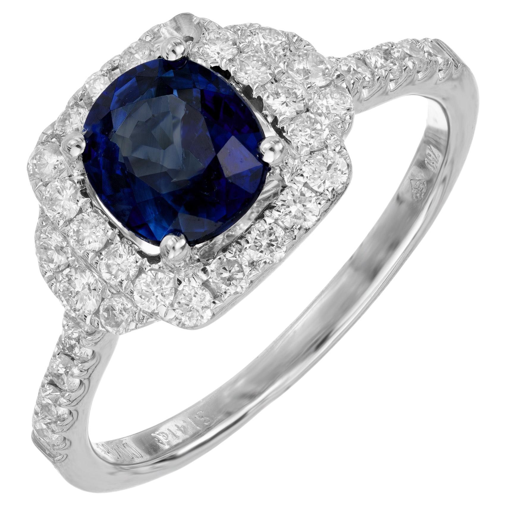 GIA Certified 1.41 Carat Sapphire Diamond Halo Gold Engagement Ring