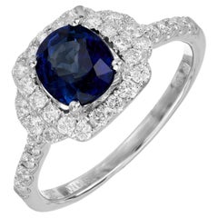 GIA Certified 1.41 Carat Sapphire Diamond Halo Gold Engagement Ring