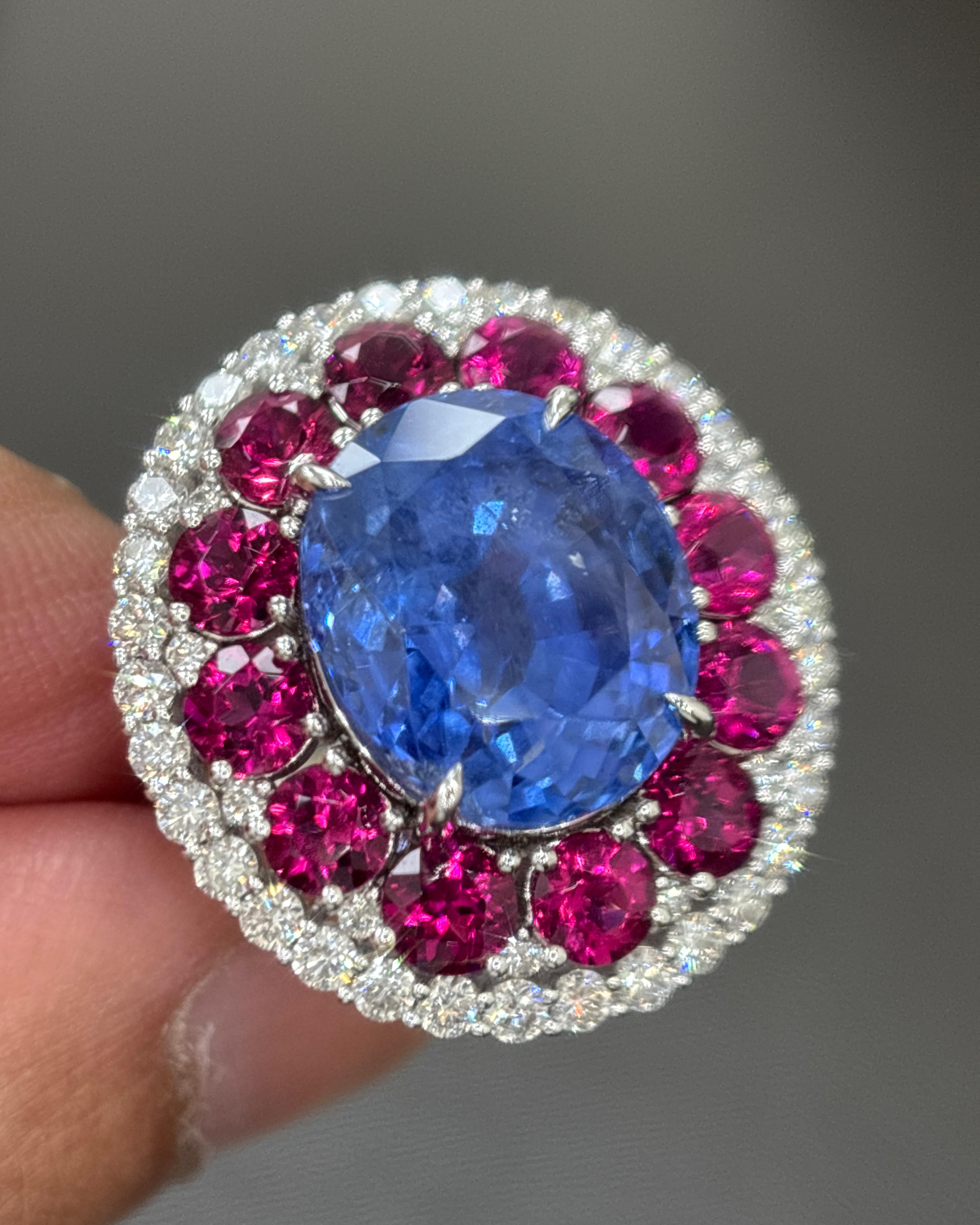 GIA zertifiziert 14.11 Karat Ceylon No Heat Blauer Saphir Weißer Diamant Gold Ring im Angebot 4