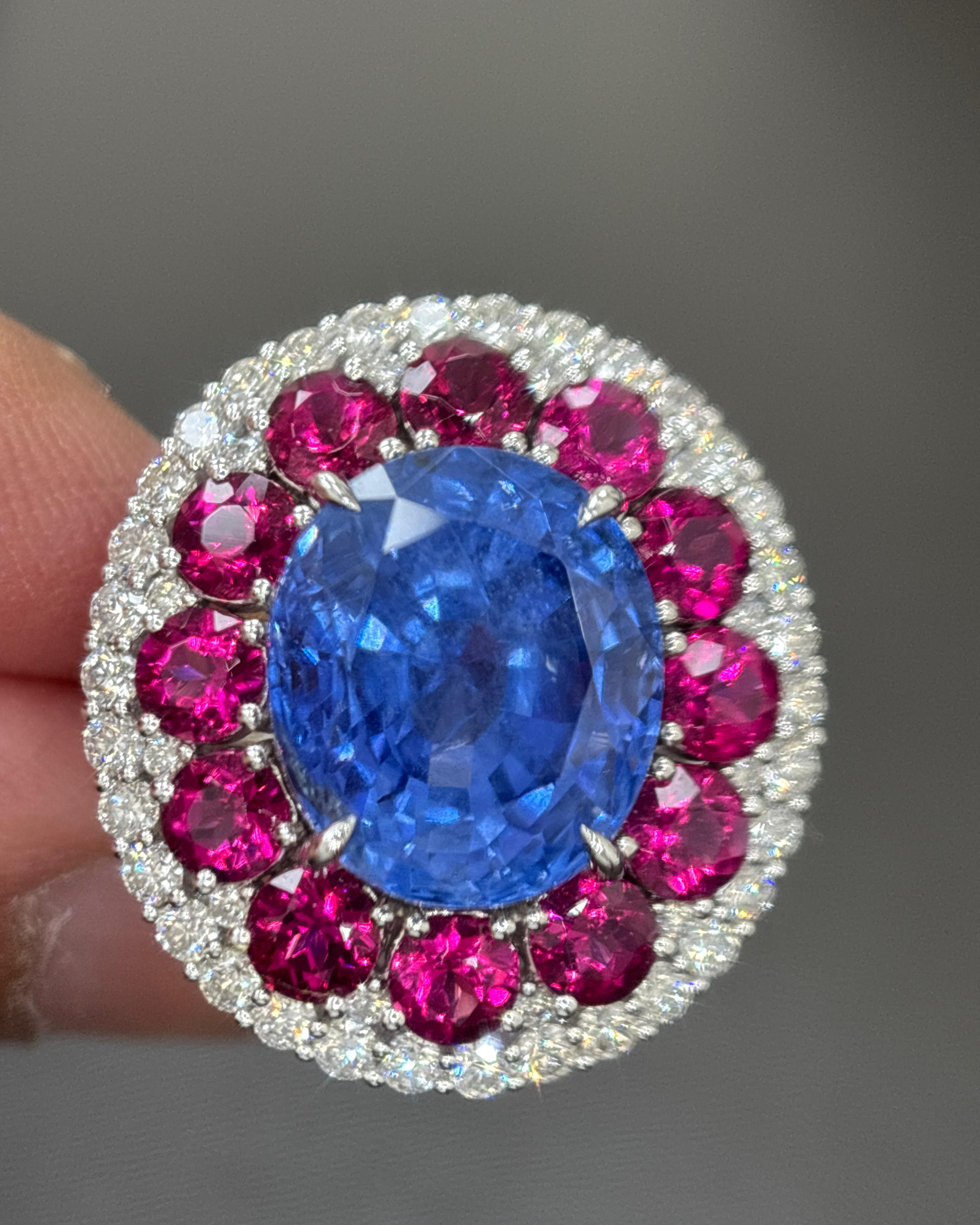 GIA zertifiziert 14.11 Karat Ceylon No Heat Blauer Saphir Weißer Diamant Gold Ring im Angebot 5