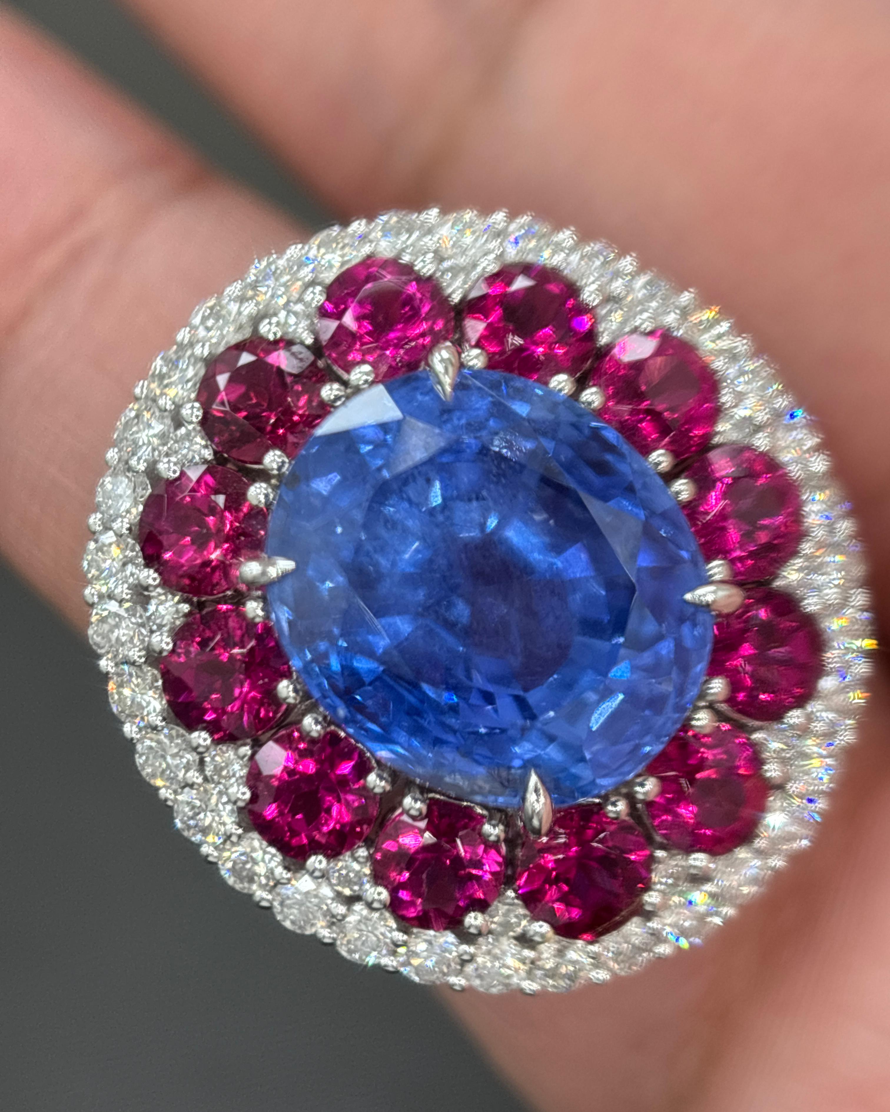 GIA zertifiziert 14.11 Karat Ceylon No Heat Blauer Saphir Weißer Diamant Gold Ring (Ovalschliff) im Angebot