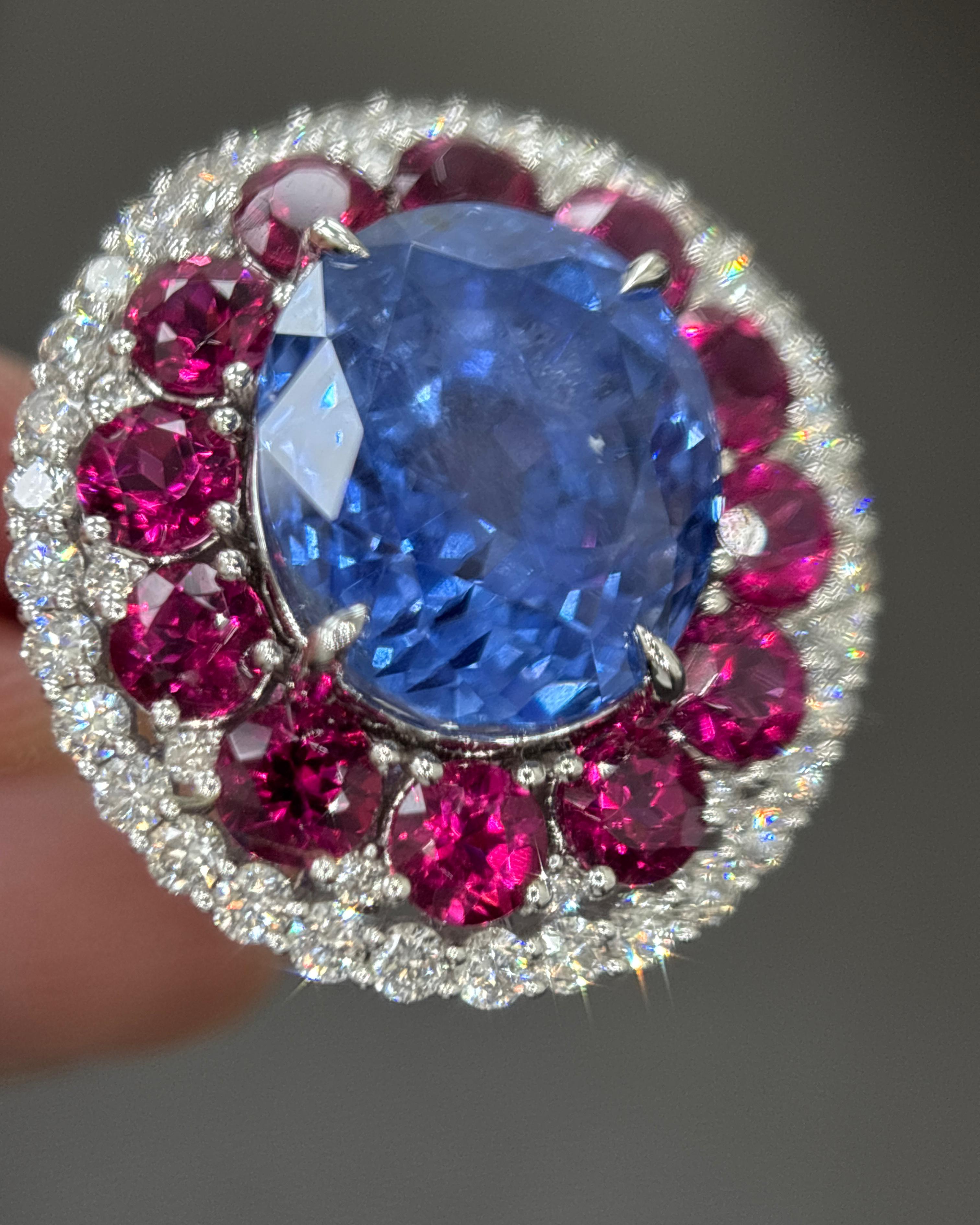 GIA zertifiziert 14.11 Karat Ceylon No Heat Blauer Saphir Weißer Diamant Gold Ring im Angebot 2