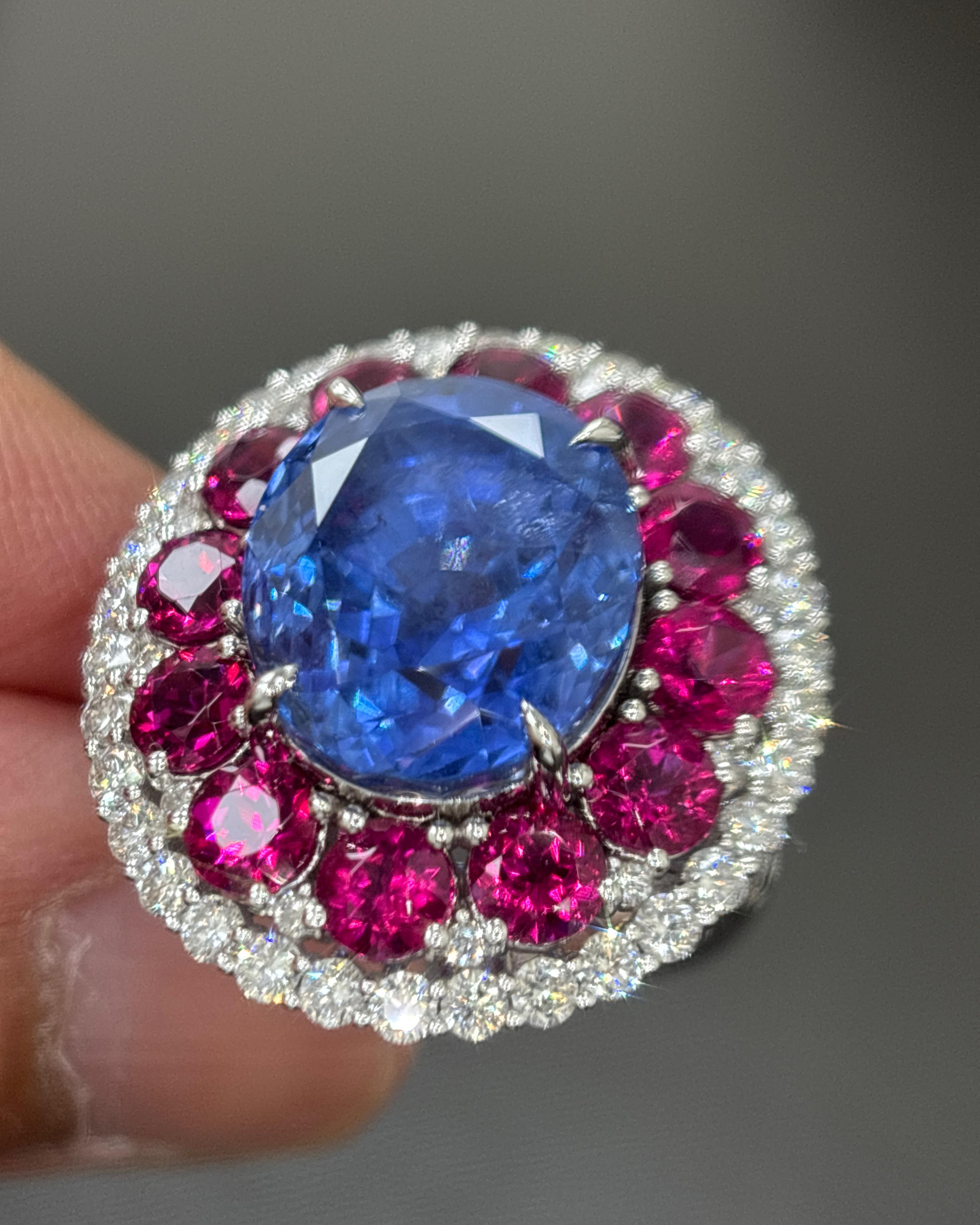 GIA zertifiziert 14.11 Karat Ceylon No Heat Blauer Saphir Weißer Diamant Gold Ring im Angebot 3