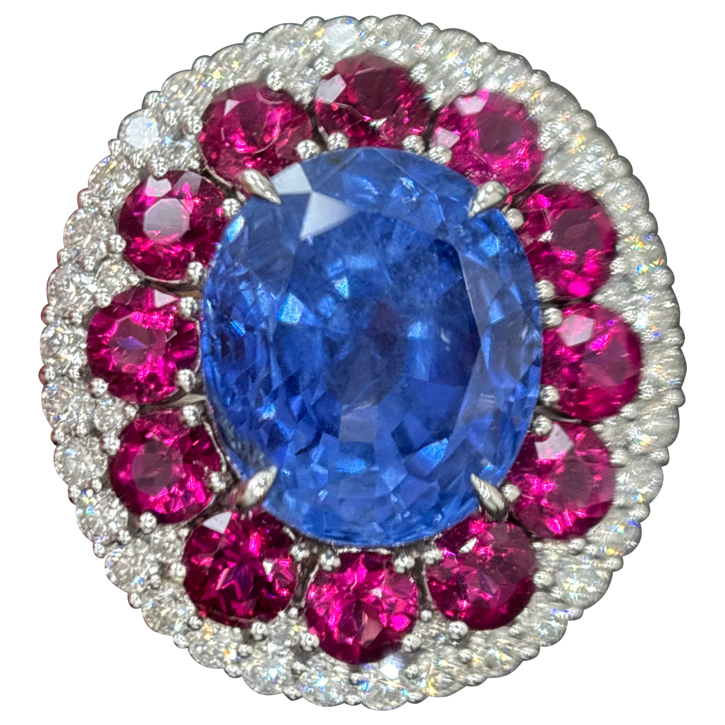 GIA Certified 14.11 Carat Ceylon No Heat Blue Sapphire White Diamond Gold Ring