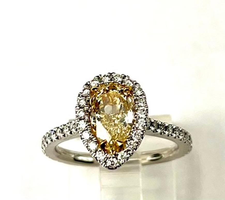 Pear Cut GIA Certified 1.41Ct Pear Shape Natural Fancy Yellow-VS1 Ring For Sale