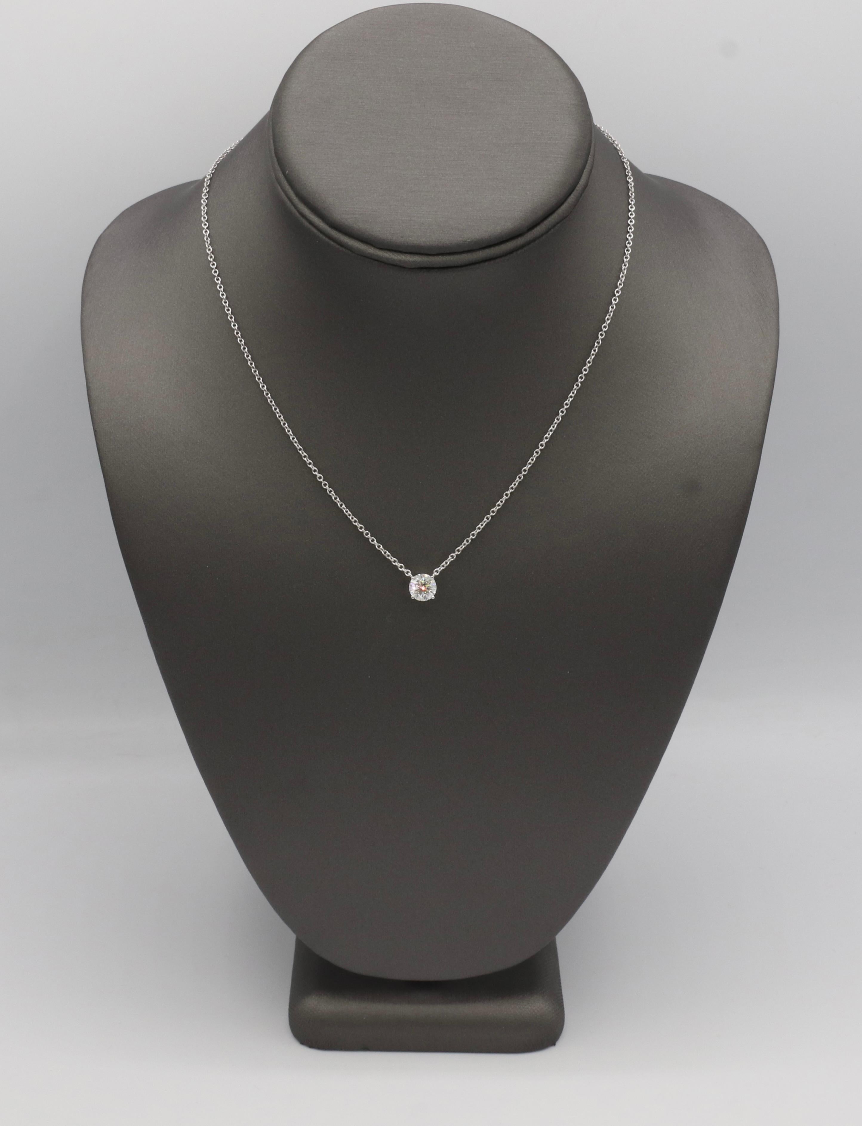 Modern GIA Certified 1.42 Carat Round Natural Diamond Drop Necklace 14K White Gold For Sale