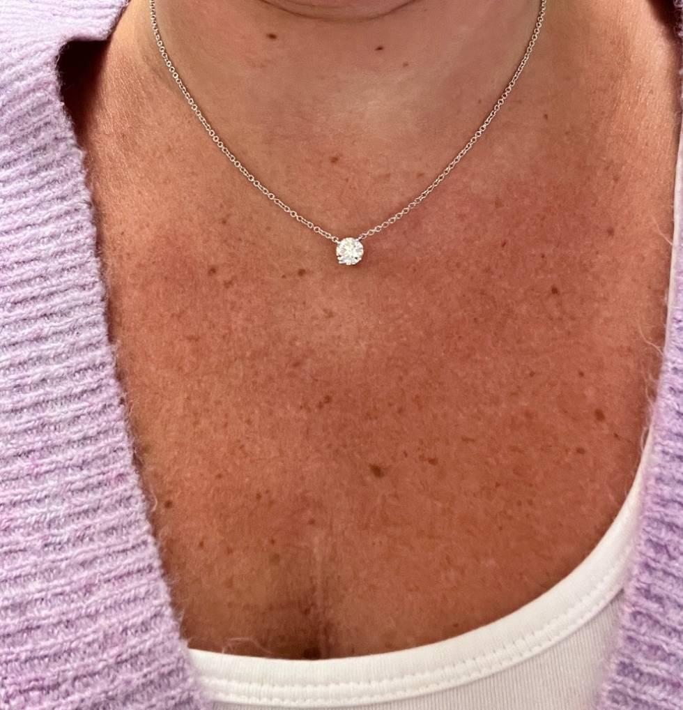 GIA Certified 1.42 Carat Round Natural Diamond Drop Necklace 14K White Gold In New Condition For Sale In  Baltimore, MD