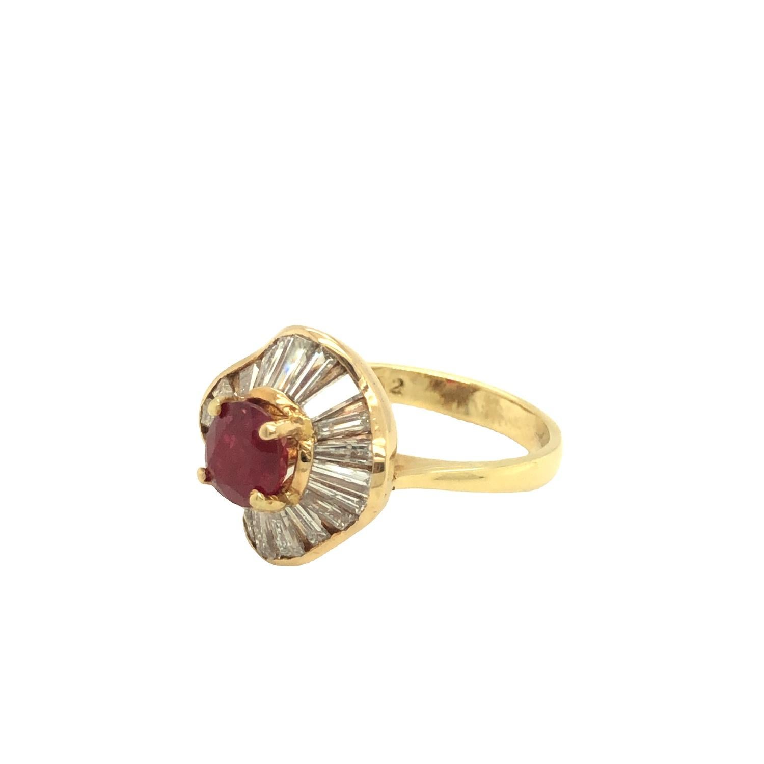 GIA Certified Ruby and Diamond Ring 14K Yellow Gold Ruby & Diamond  Ballerina Engagement Ring containing 1.42 carat round Ruby with 1.87 carat tapered diamonds baguette setting stamped 14K stamped initials HS. Size 6.5.