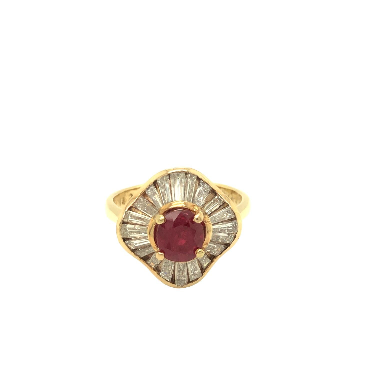 GIA Certified 1.42 carat Ruby and Baguette Diamond Ballerina Engagement Ring 14K In Excellent Condition For Sale In beverly hills, CA