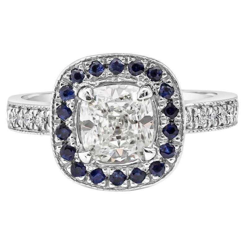 GIA Certified 1.42 Carat Cushion Cut Diamond with Sapphire Halo Engagement Ring  For Sale