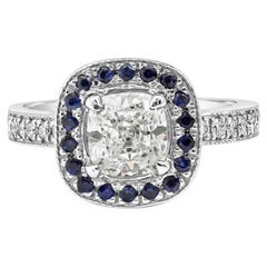 GIA Certified 1.42 Carats Cushion Cut Diamond & Sapphire Halo Engagement Ring