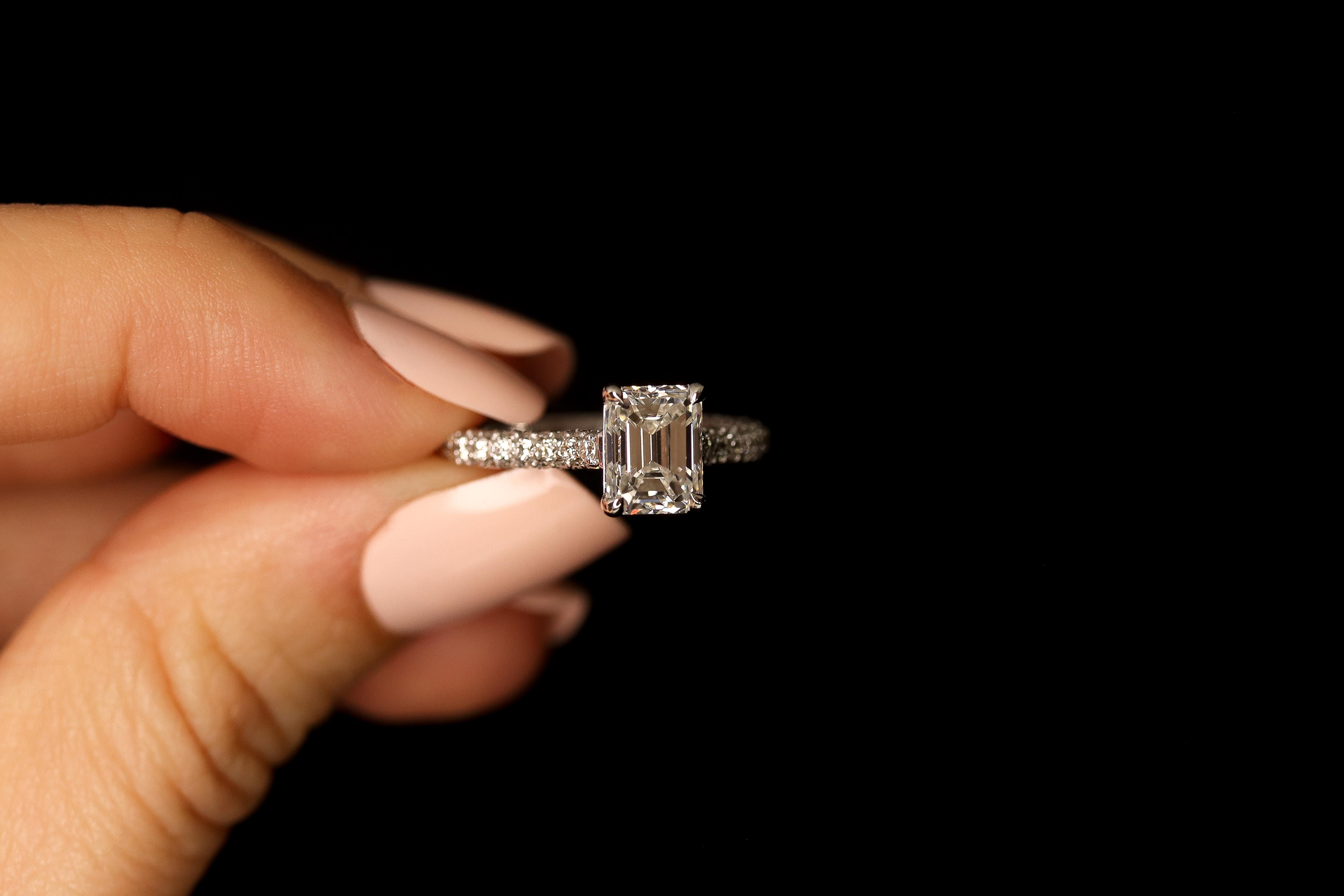 GIA Certified 1.42 Carat Emerald Cut Diamond Ring In New Condition For Sale In Calabasas, CA