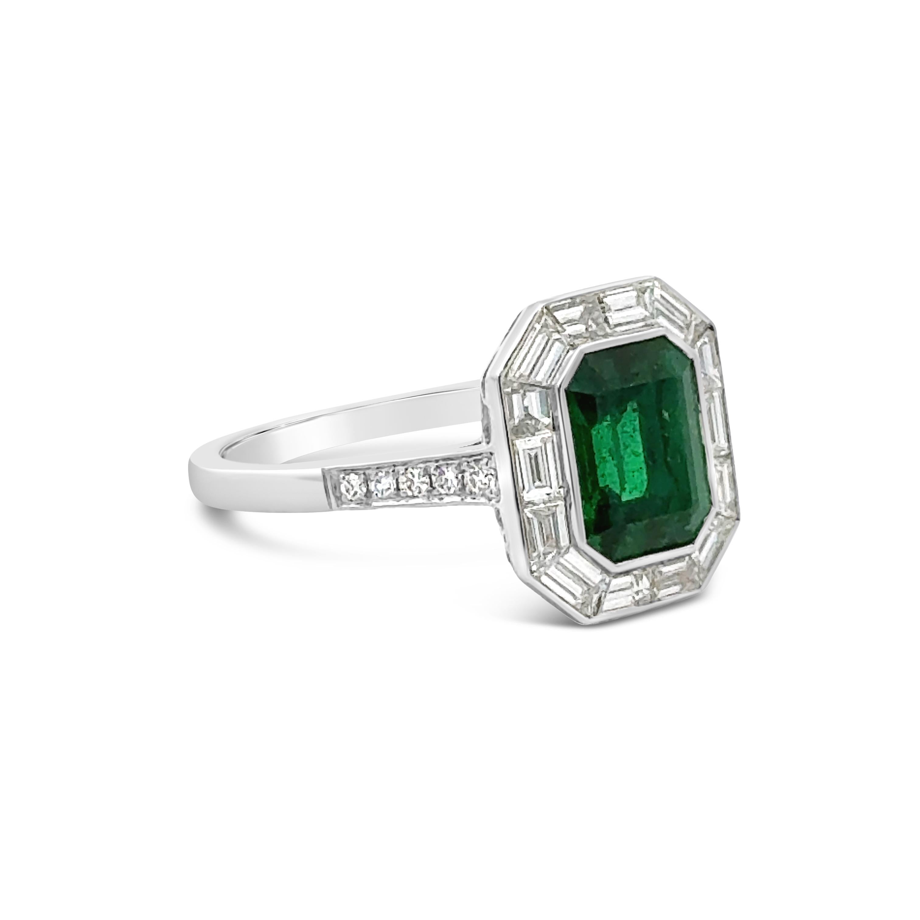 Contemporary GIA Certified 1.43 Carats Emerald Cut Emerald & Diamond Halo Engagement Ring