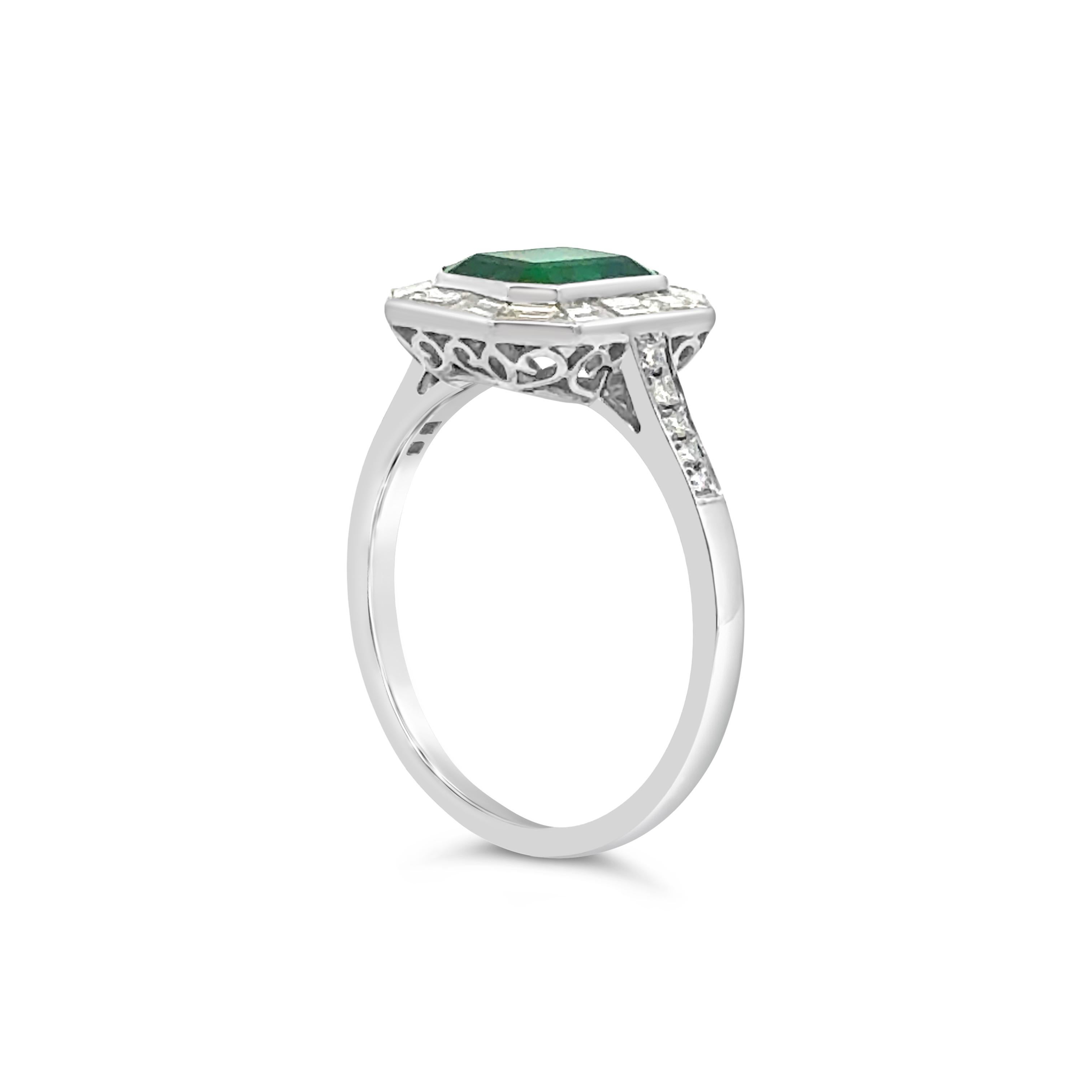 GIA Certified 1.43 Carats Emerald Cut Emerald & Diamond Halo Engagement Ring In New Condition In New York, NY