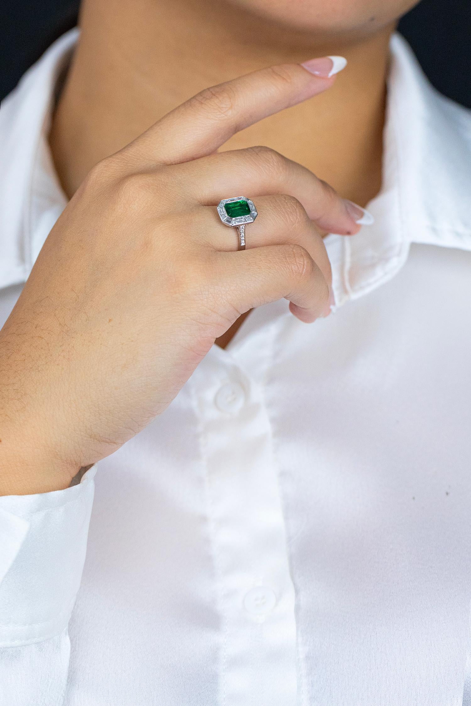 Women's GIA Certified 1.43 Carats Emerald Cut Emerald & Diamond Halo Engagement Ring