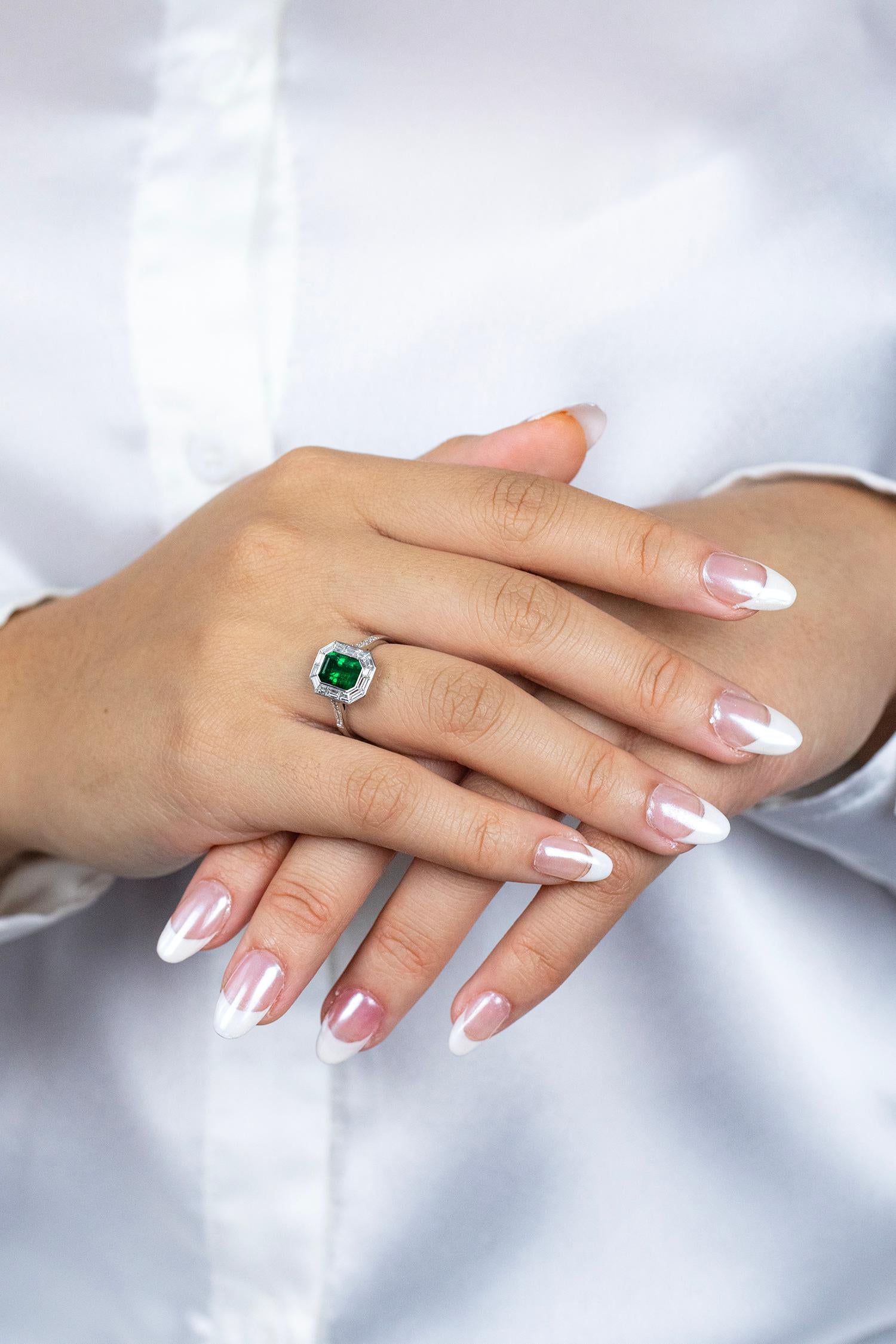 GIA Certified 1.43 Carats Emerald Cut Emerald & Diamond Halo Engagement Ring 1