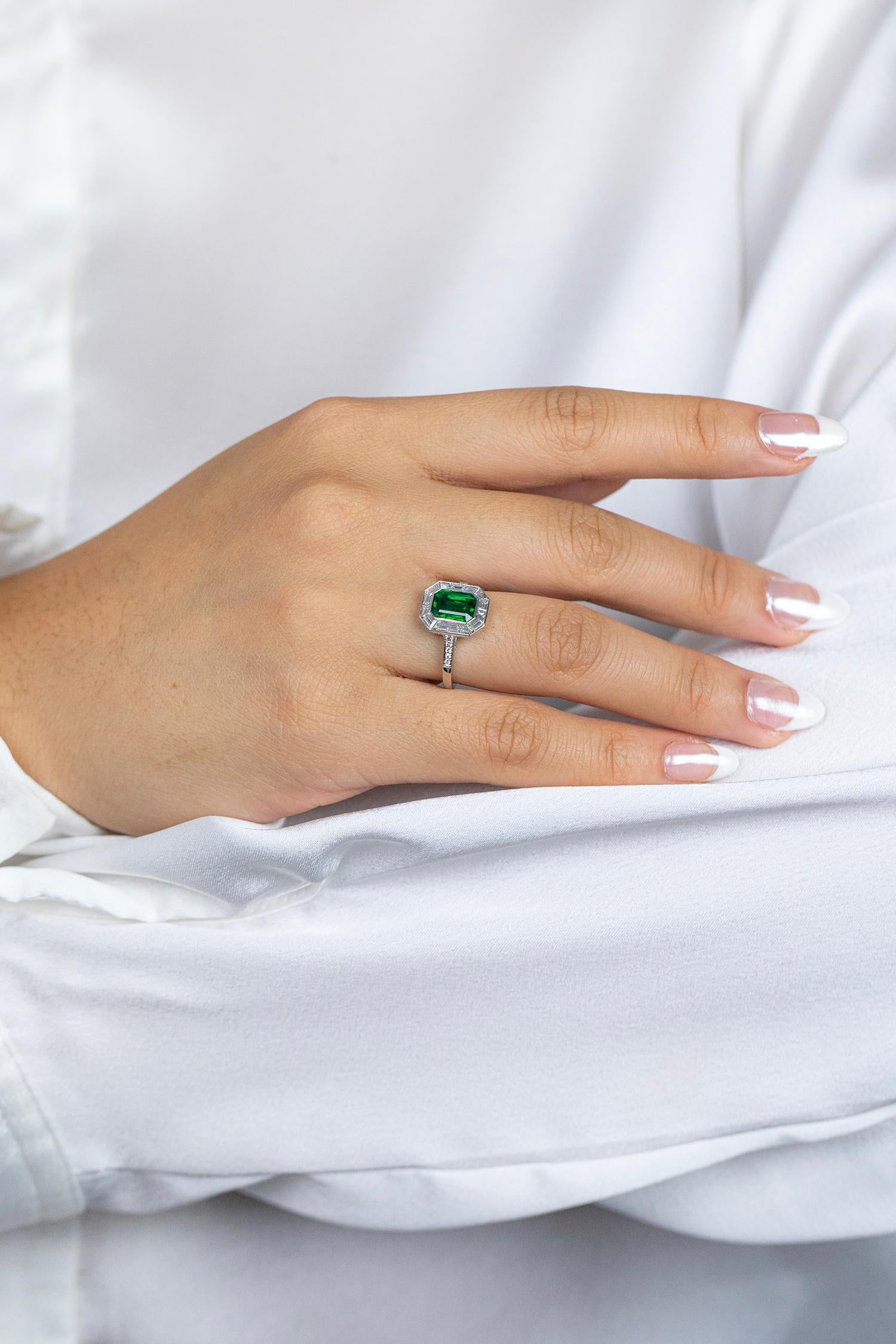 GIA Certified 1.43 Carats Emerald Cut Emerald & Diamond Halo Engagement Ring 2