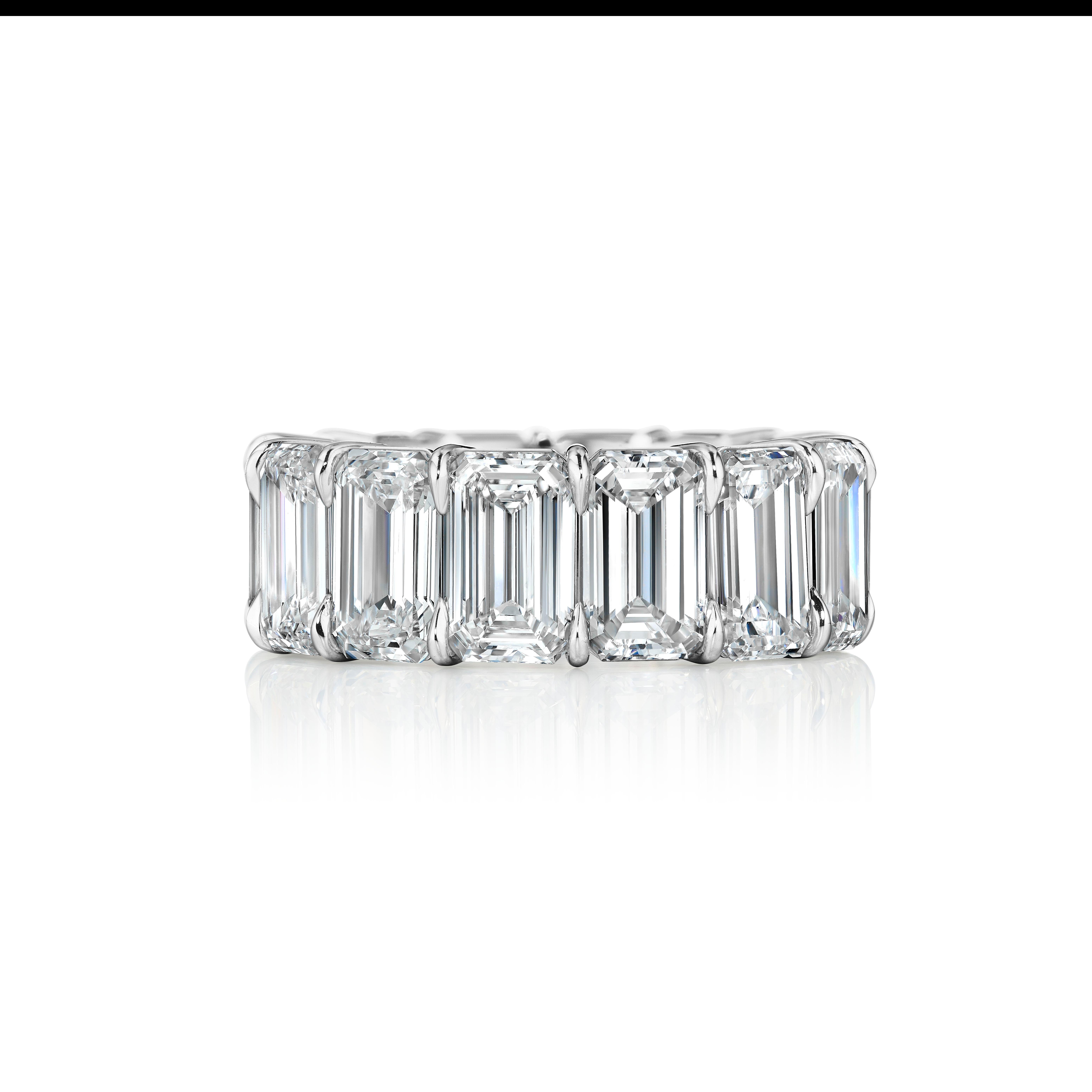 The Ultimate Emerald Cut Eternity Band.
14 Perfectly Matched Emerald Cuts each weighing over 1.00 Carat for 14.31 Carats in Total.
E-F Color and VS-VVS Clarity.
Set in a Platinum Handmade Classic Setting.
Set with super elongated stones.
Size 6.