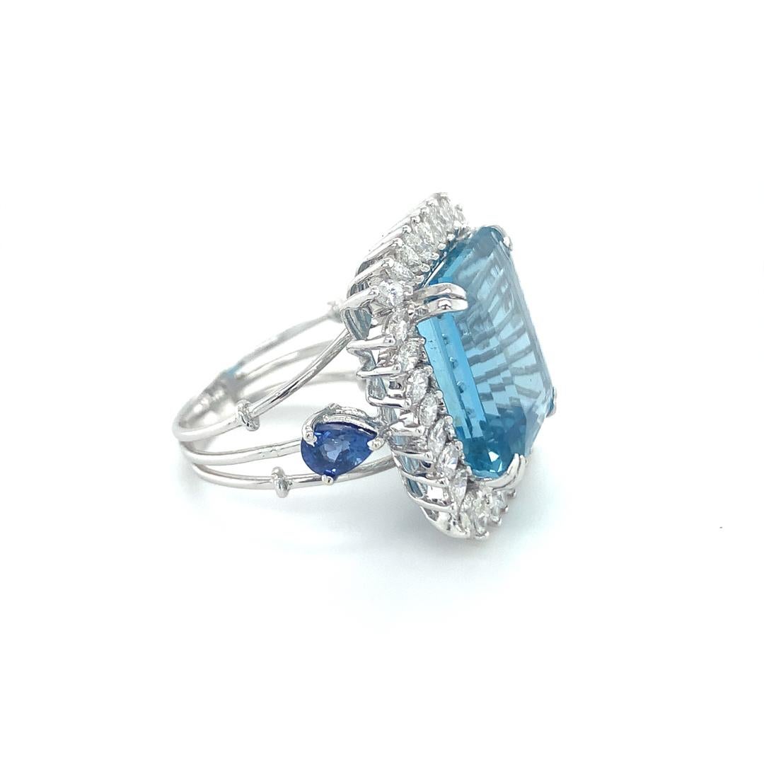 Octagon Cut GIA Certified 14.37 Carat Aquamarine and 1.11 Carat Sapphire Diamond Ring For Sale