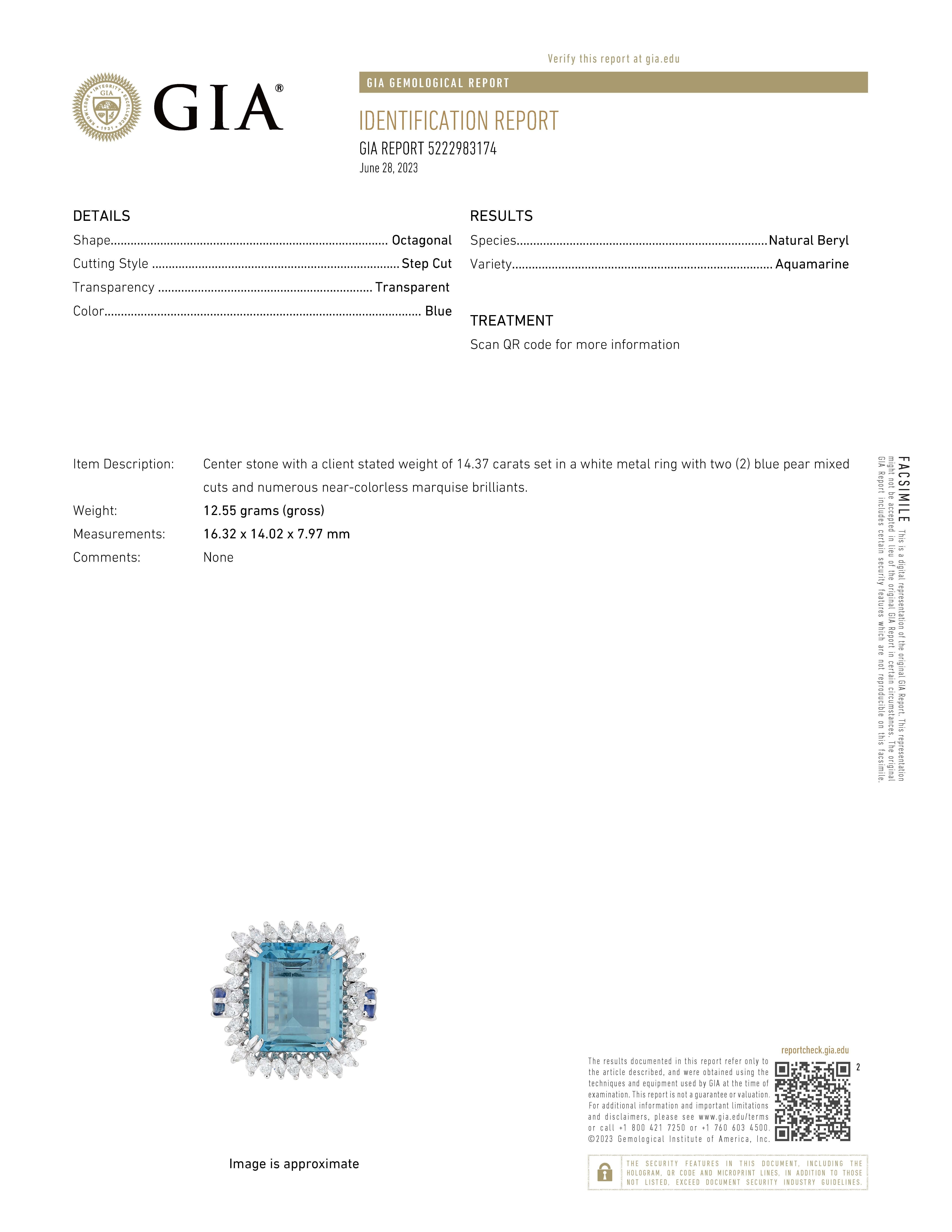Women's GIA Certified 14.37 Carat Aquamarine and 1.11 Carat Sapphire Diamond Ring For Sale