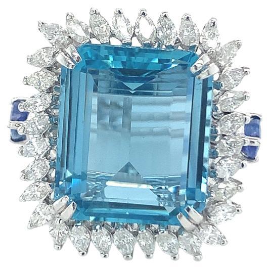 GIA Certified 14.37 Carat Aquamarine and 1.11 Carat Sapphire Diamond Ring For Sale