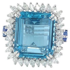 GIA Certified 14.37 Carat Aquamarine and 1.11 Carat Sapphire Diamond Ring