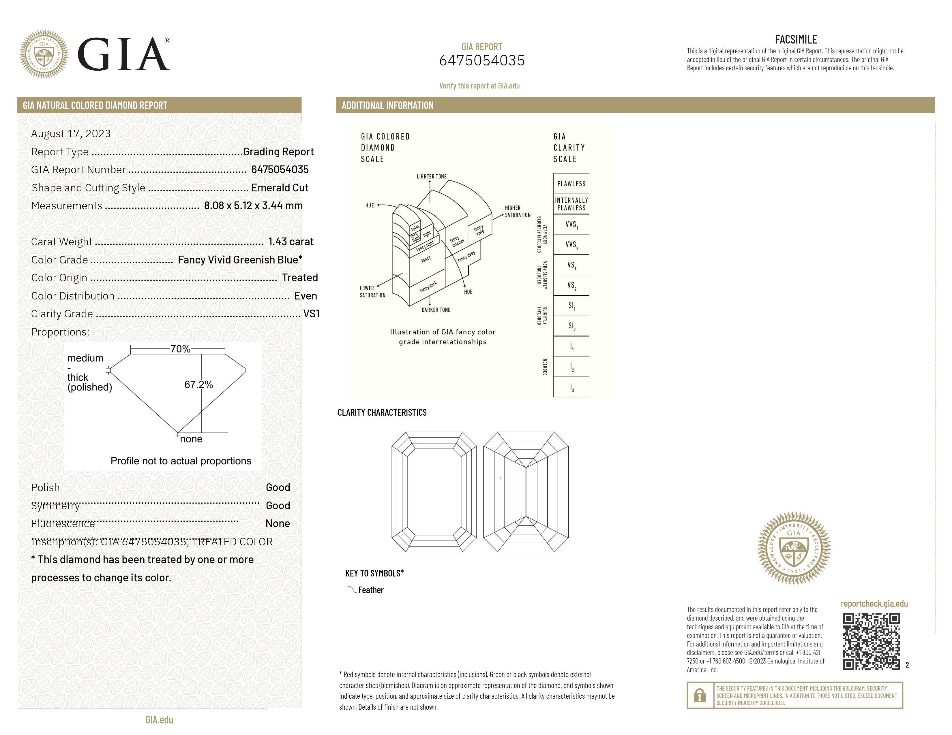 GIA zertifiziert 1.43CT HPHT VS1 Smaragdschliff Natürlicher Blauer Diamant im Angebot 1