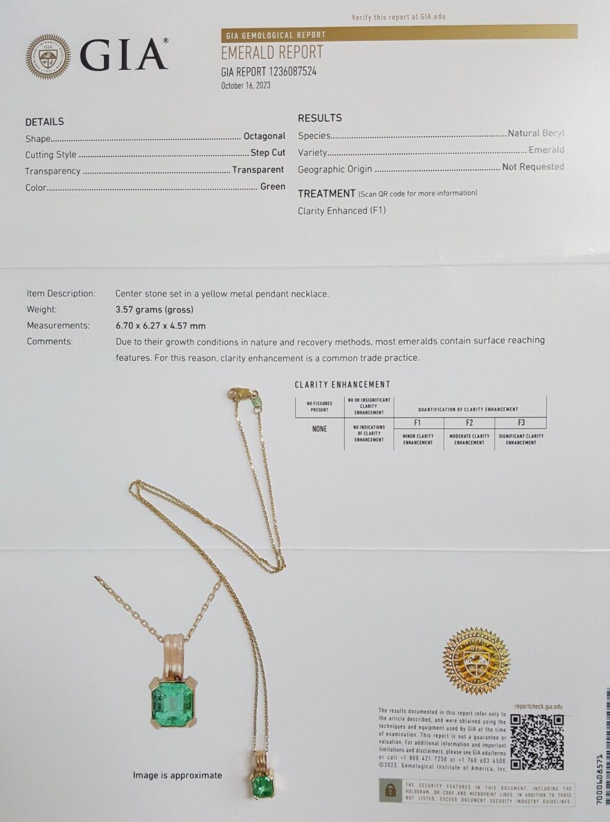 GIA Certified 1.44 Carat COLOMBIAN Minor Oil Pendant Necklace In New Condition For Sale In Rome, IT