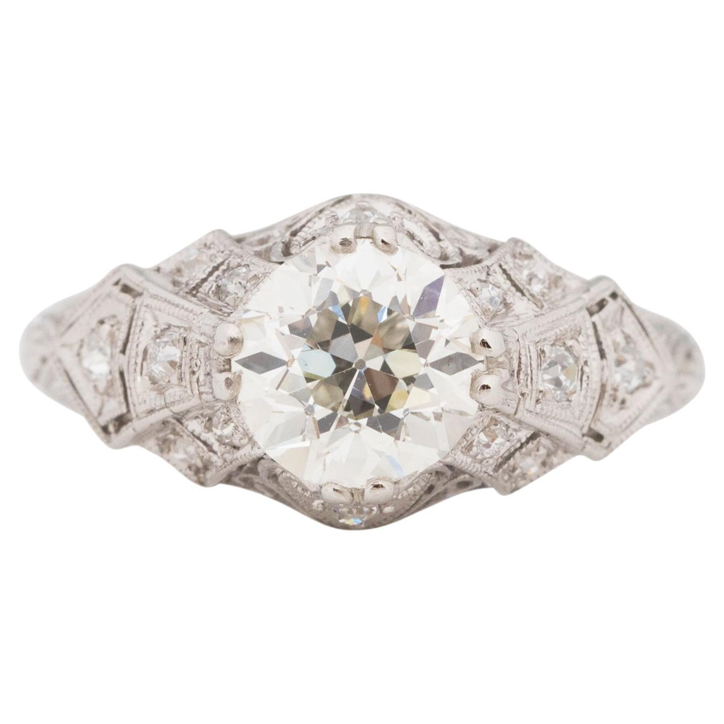 Bague de fiançailles en platine avec diamant Art Déco de 1.45 carat certifié par le GIA